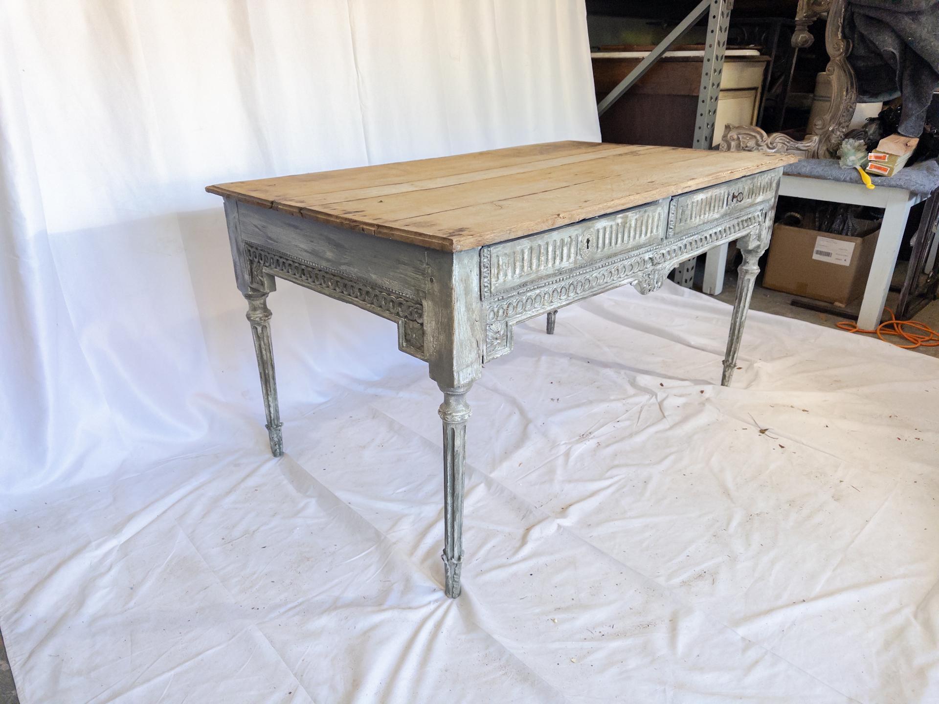 Carved 18th Century Louis XVI Style Blue Painted Table / Desk from France For Sale