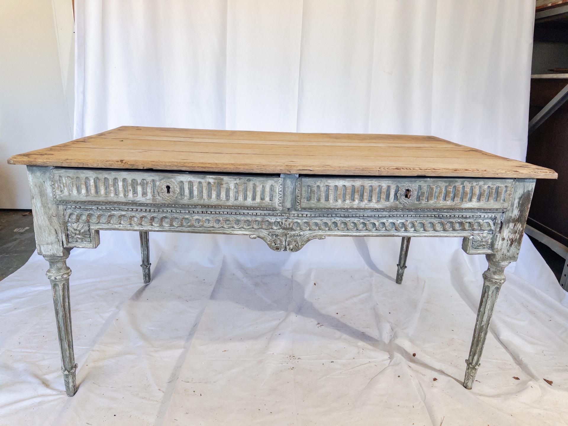 18th Century and Earlier 18th Century Louis XVI Style Blue Painted Table / Desk from France For Sale