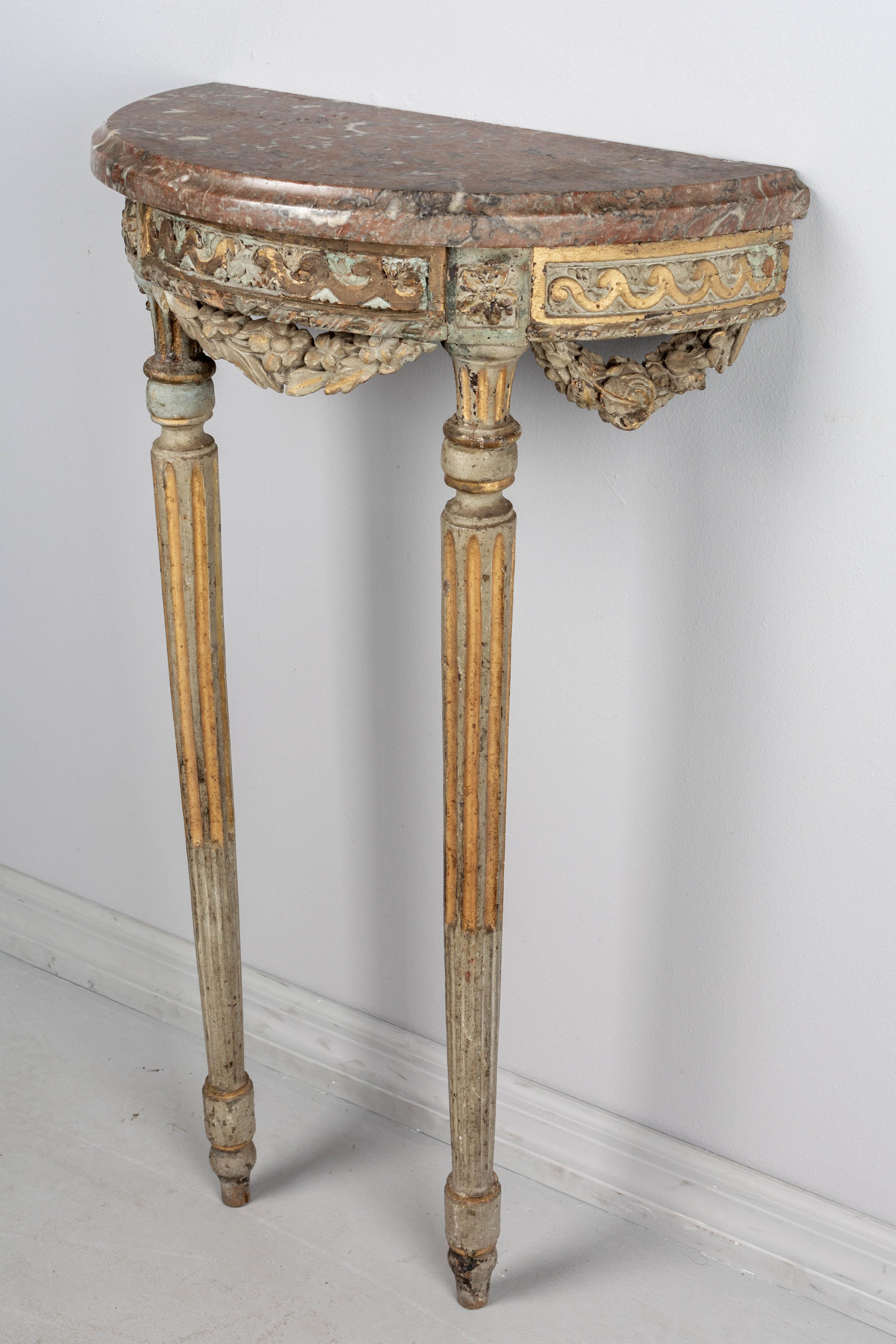 Hand-Carved 18th Century Louis XVI Style Painted Demilune Console