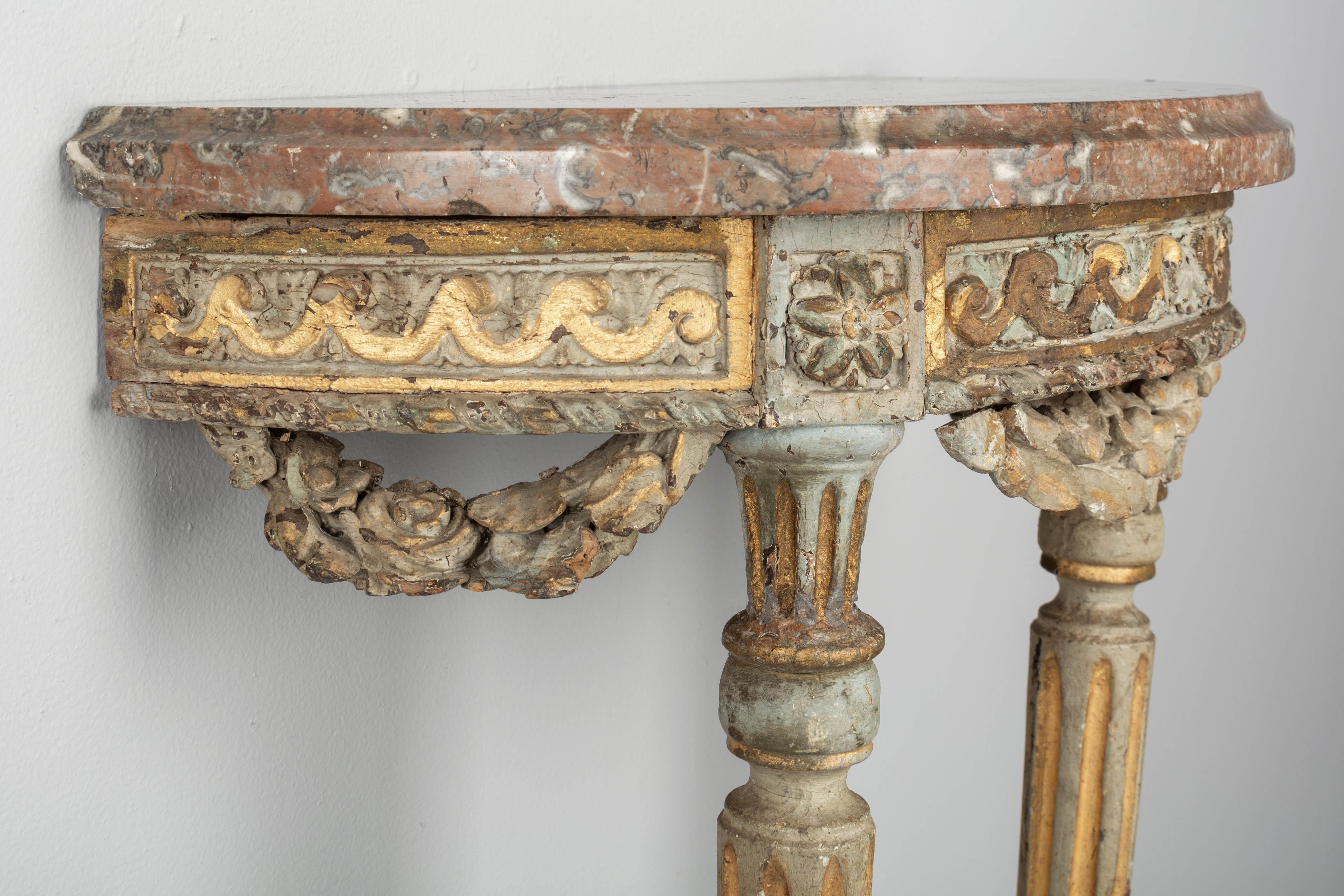 Giltwood 18th Century Louis XVI Style Painted Demilune Console