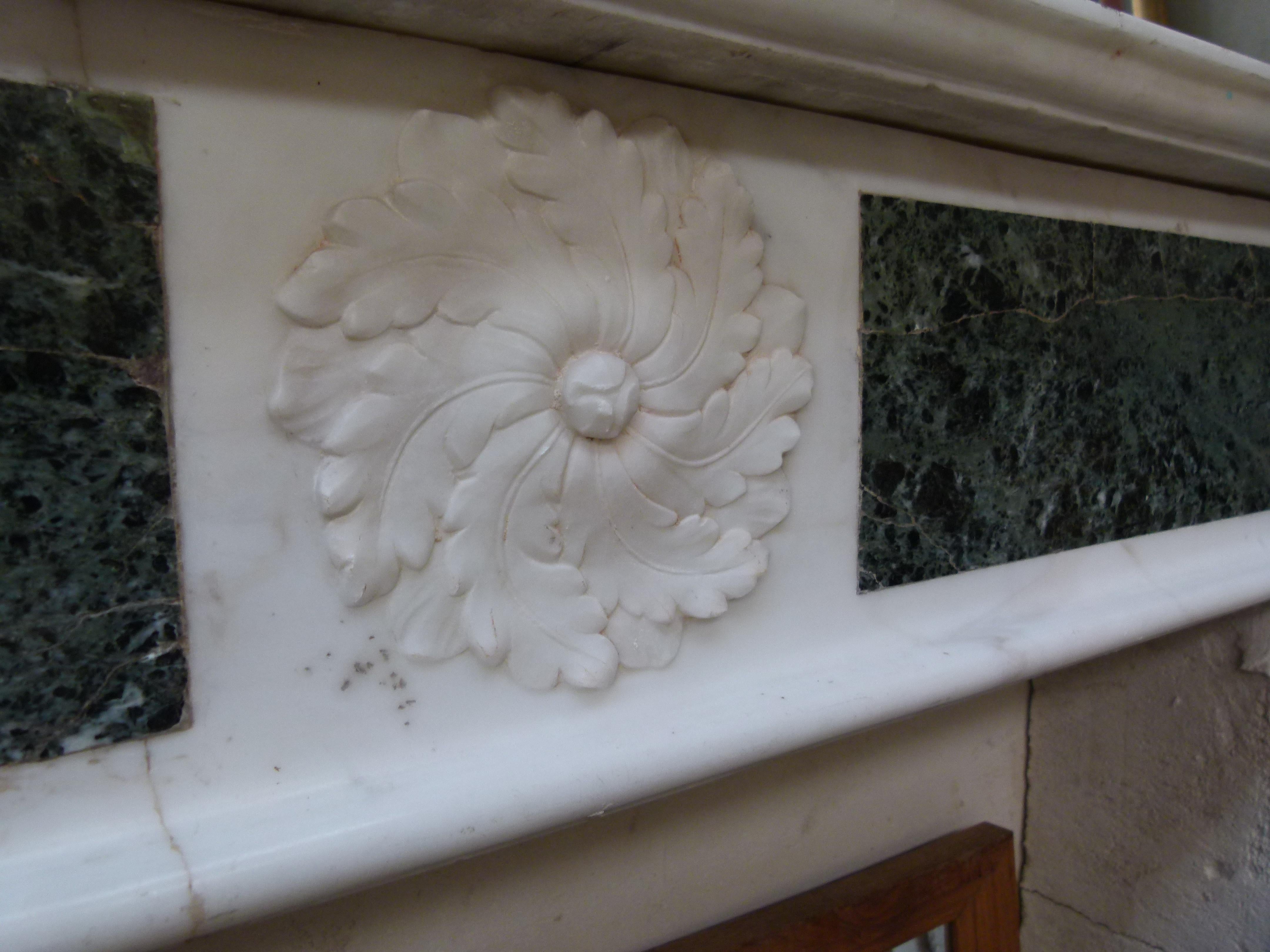 Louis XVI Style White and Green Marble Fireplace Mantel For Sale 1
