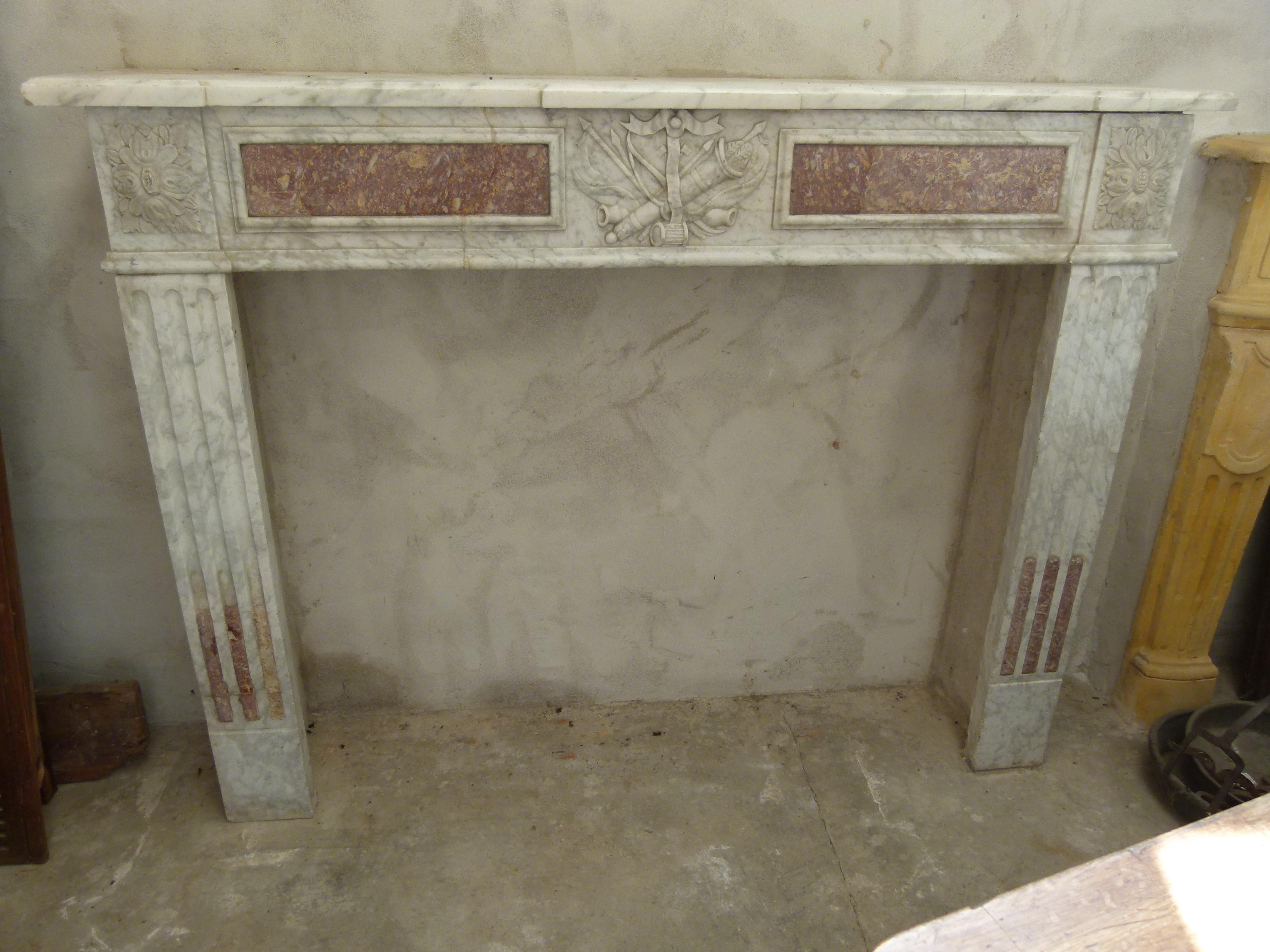 18th century Louis XVI style white and red marble fireplace mantel.