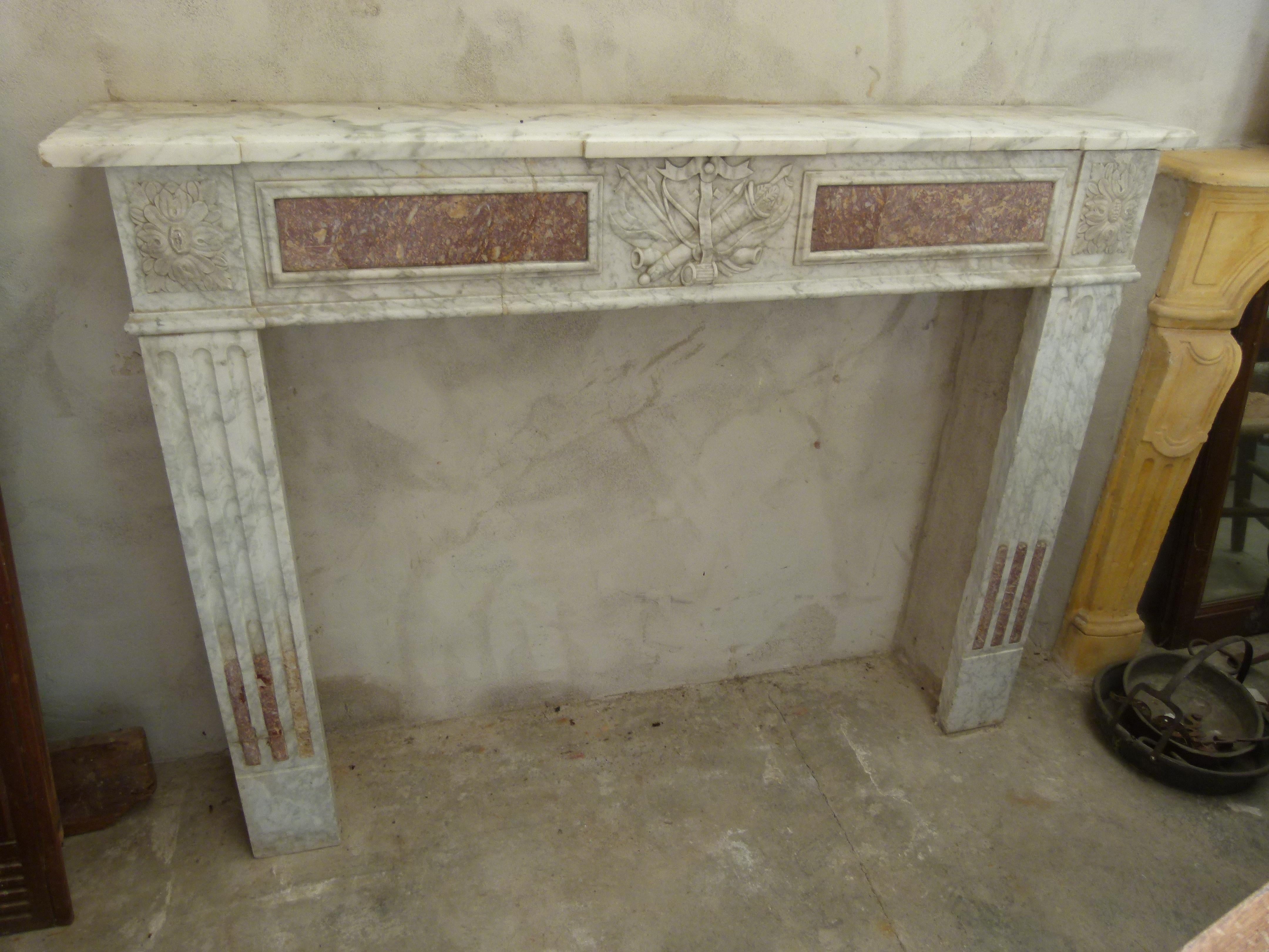 French 18th Century Louis XVI Style White and Red Marble Fireplace Mantel