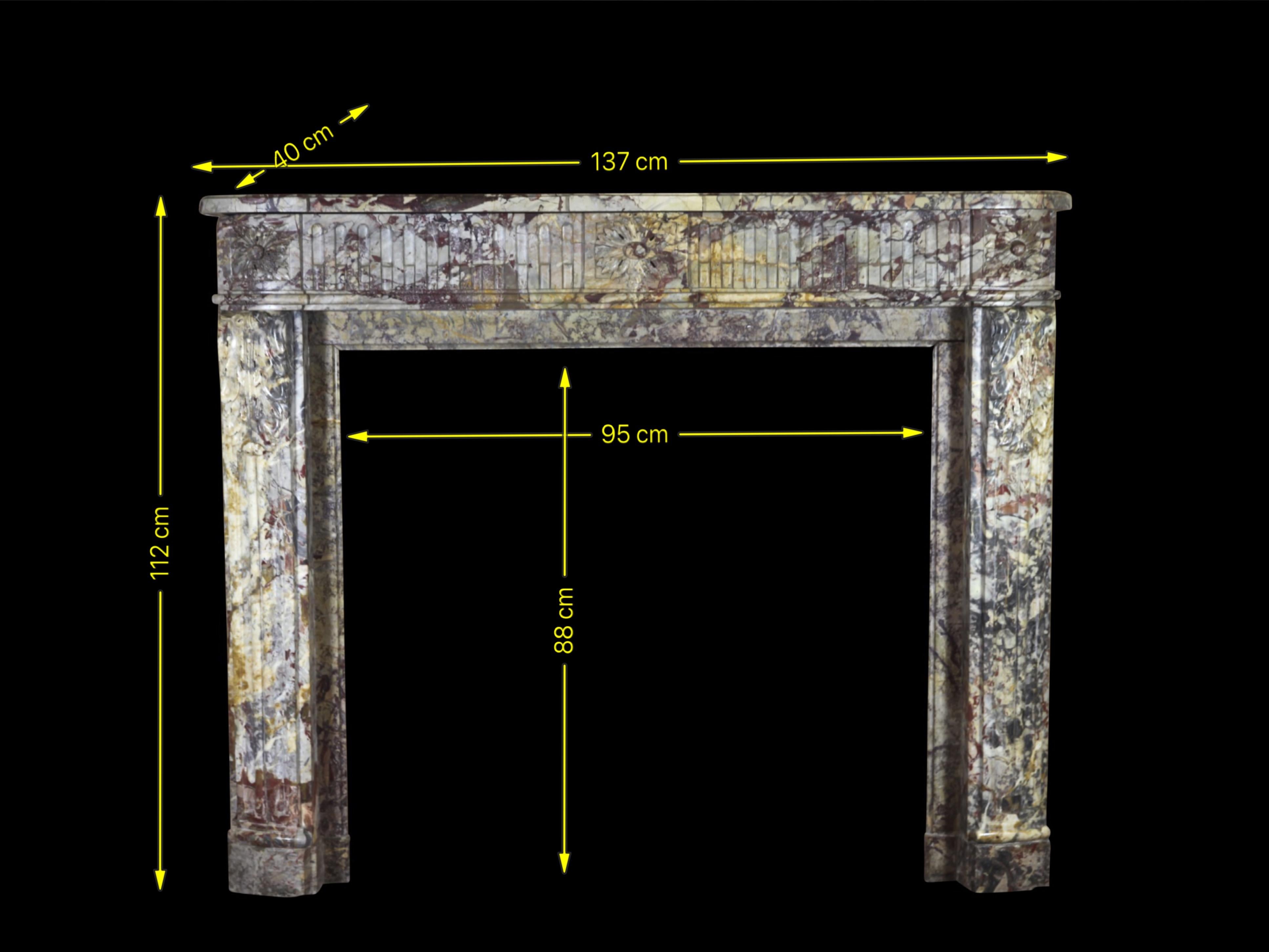 Carved 18th Century LXVI Royal French Saracolin Marble Vintage Fireplace Mantel For Sale