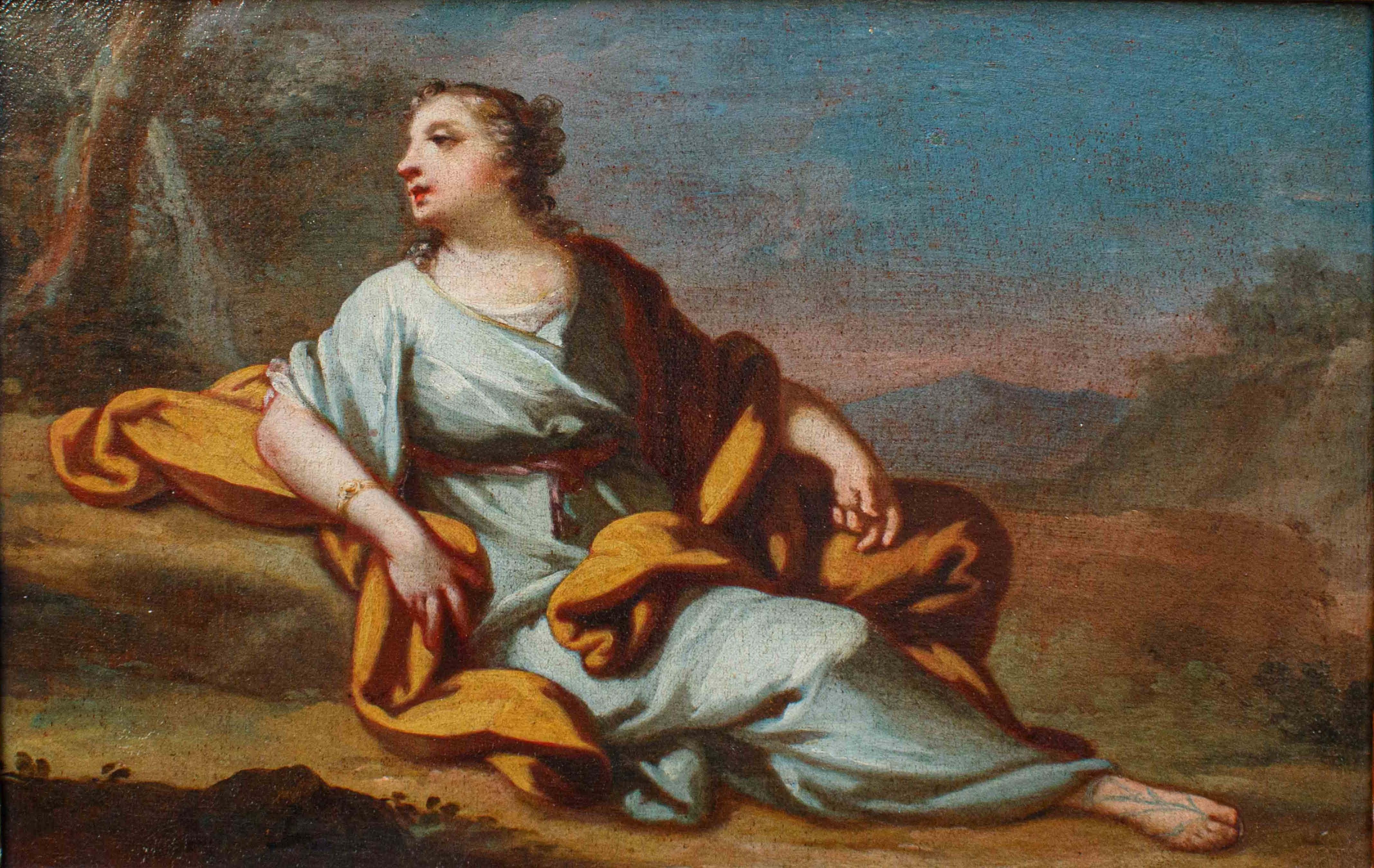 Giovanni Domenico Molinari (Caresana, 1721 - Turin, 1793)

Liegende weibliche Figur

Öl auf Leinwand, cm 46 x. 31 - Mit Rahmen, cm 56 x 42

Das vorliegende Gemälde ist vom Stil und vom behandelten Thema, in diesem Fall ein junges Mädchen, das in