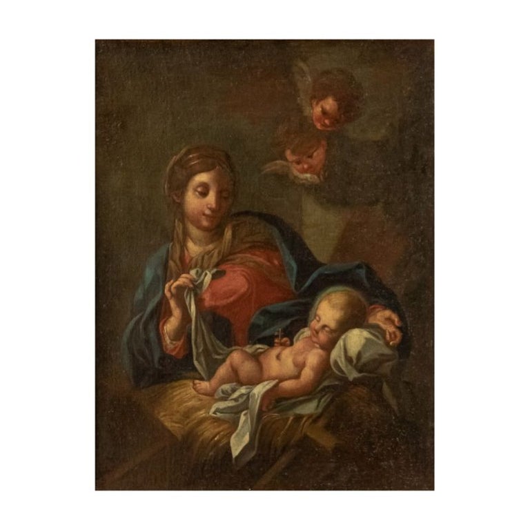 18th Century Madonna and Child with Cherubs Painting Oil on Canvas For ...