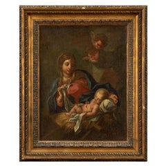 18th Century Madonna and Child with Cherubs Painting Oil on Canvas