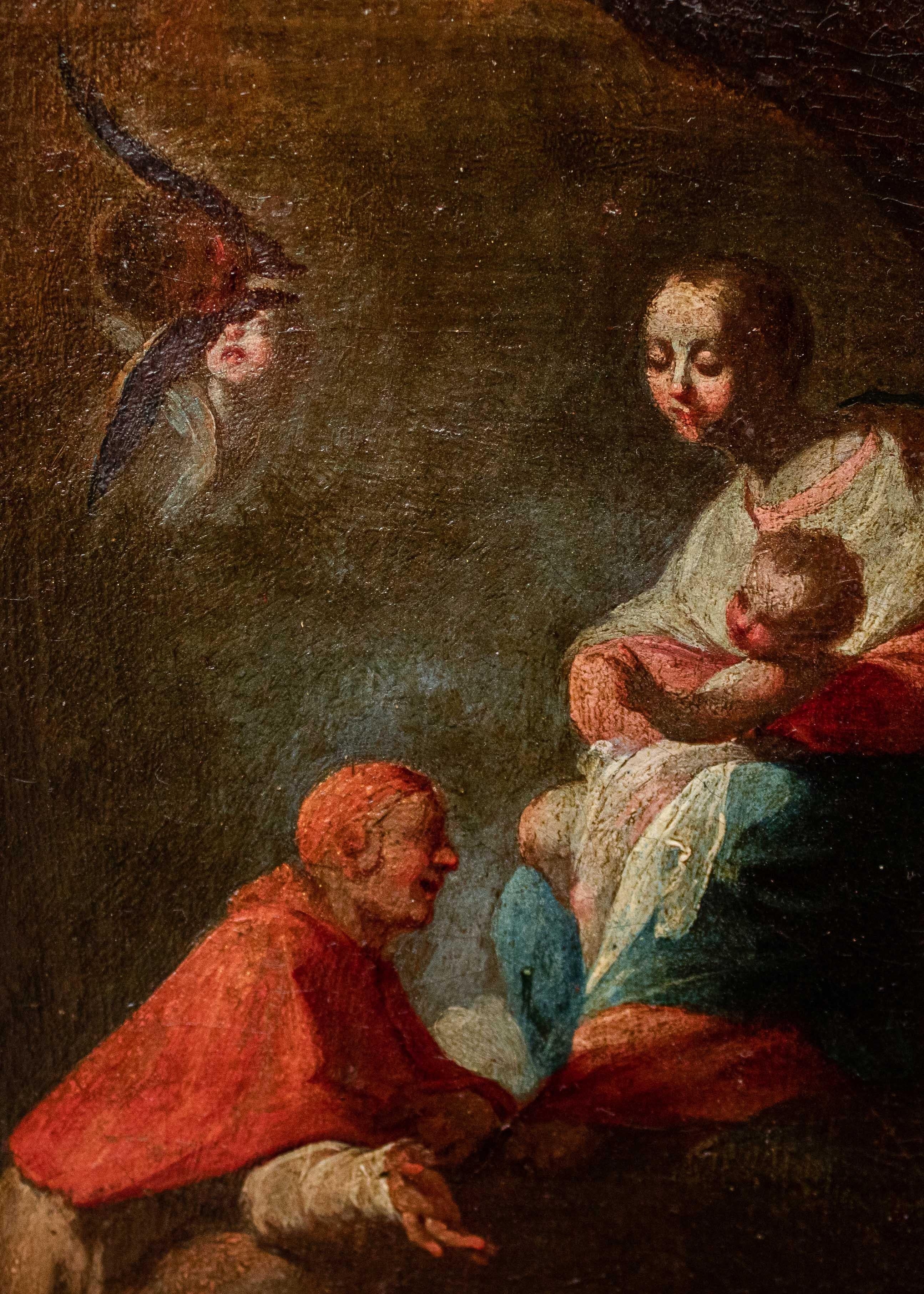 18th Century Madonna with Child Adored by Two Saints Paintings Oil on Canvas For Sale 4