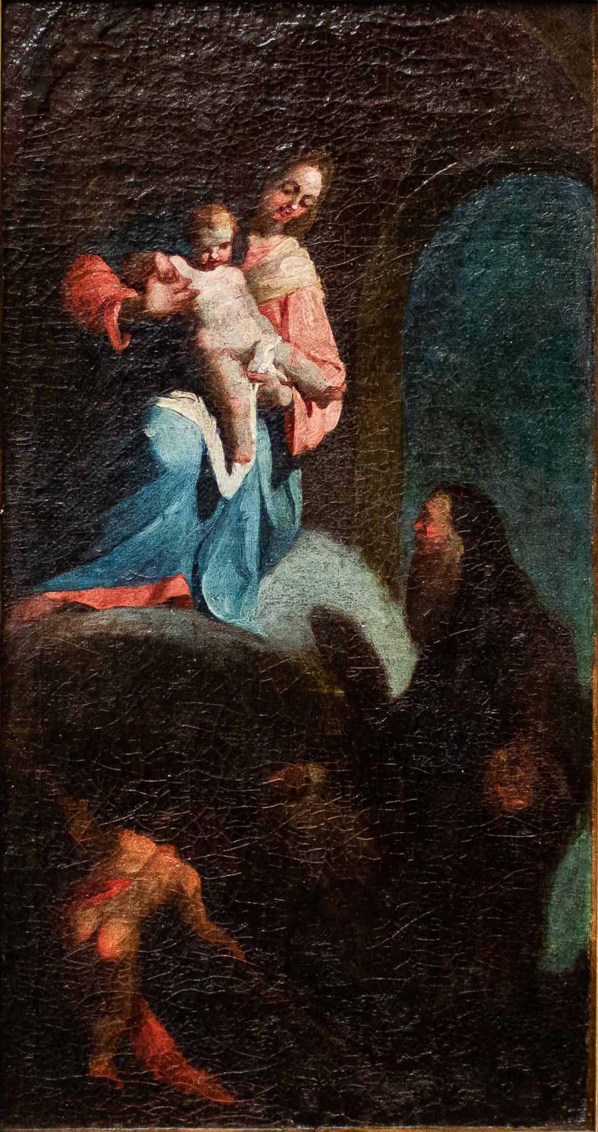 Italian 18th Century Madonna with Child Adored by Two Saints Paintings Oil on Canvas For Sale