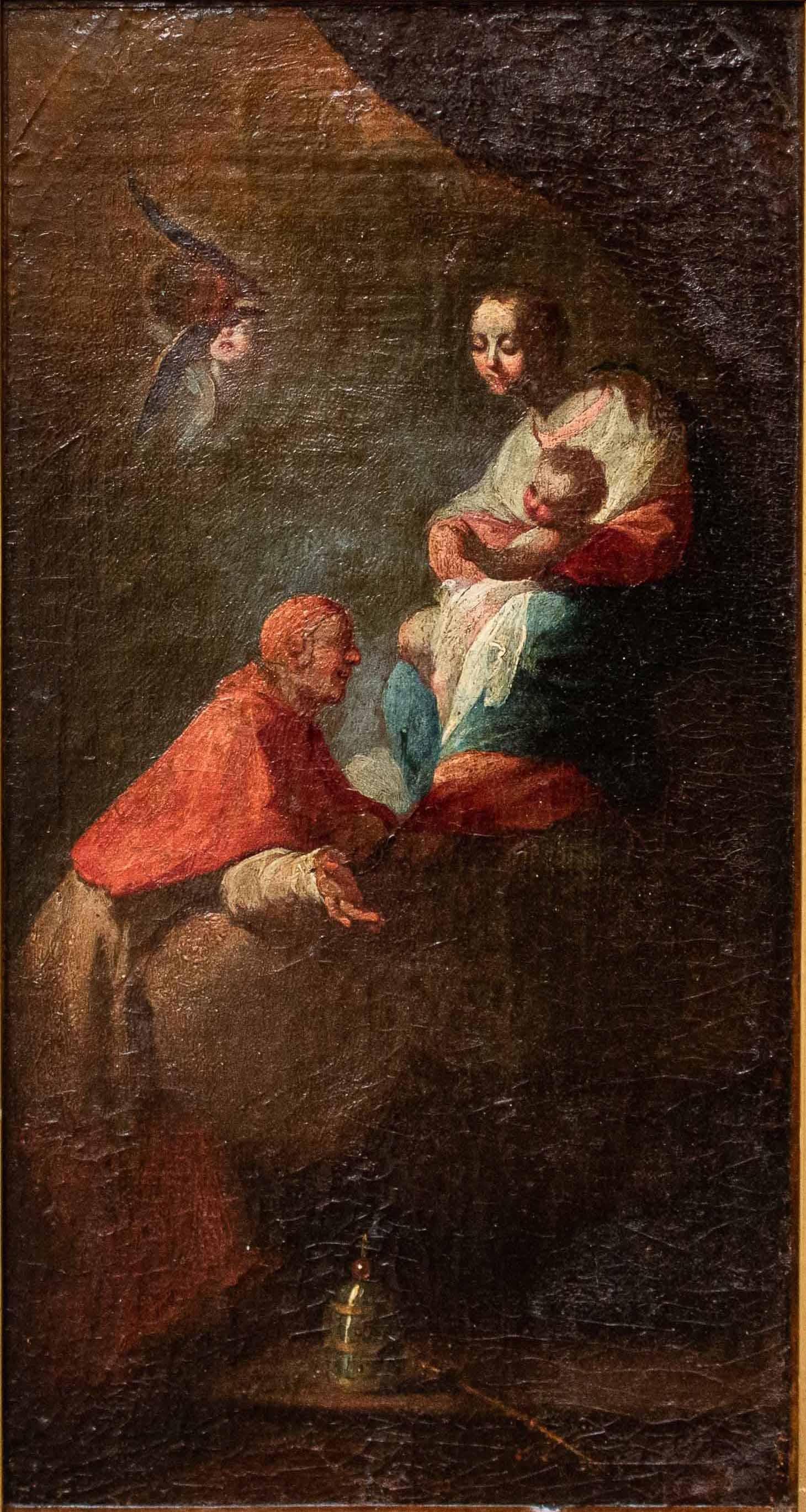Oiled 18th Century Madonna with Child Adored by Two Saints Paintings Oil on Canvas For Sale
