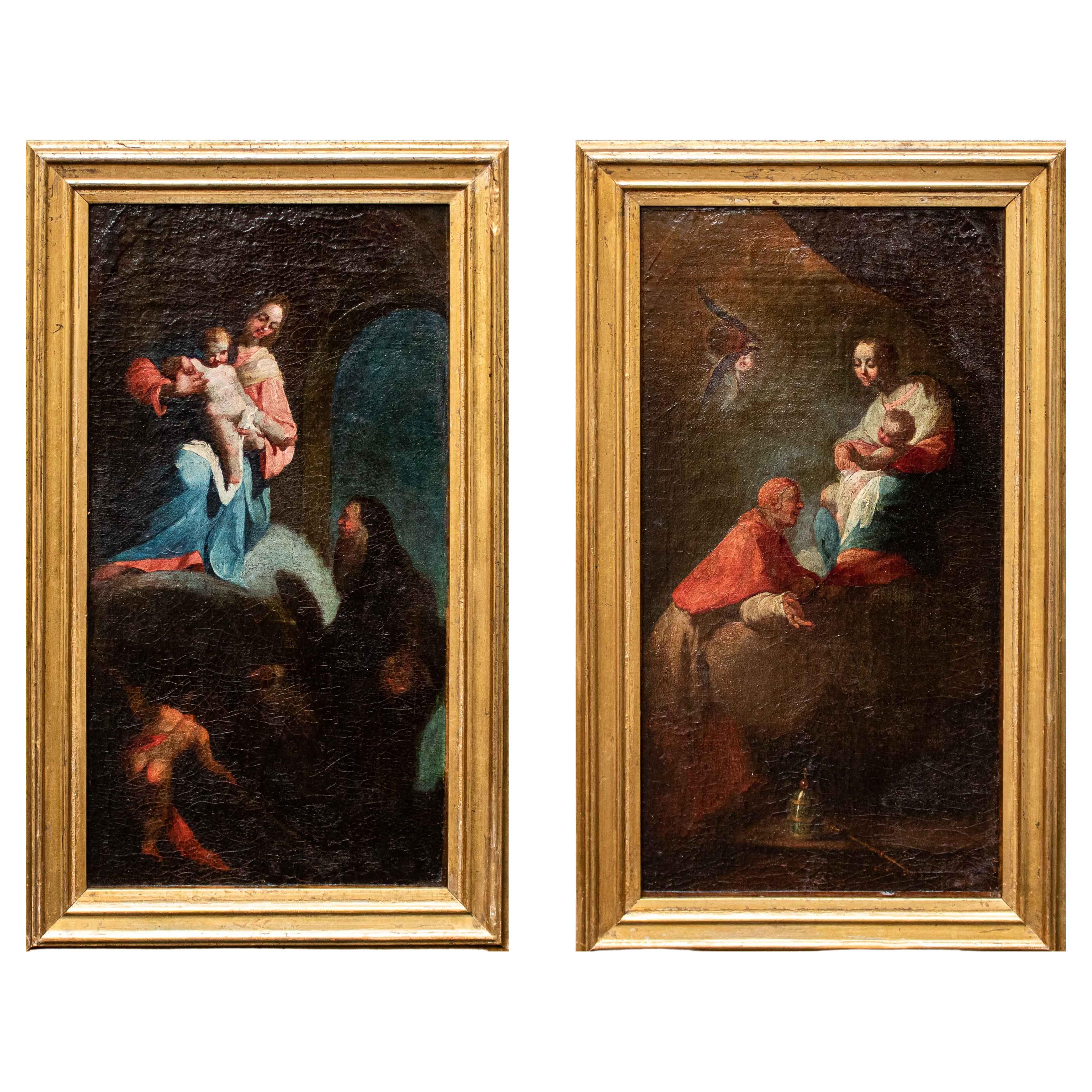 18th Century Madonna with Child Adored by Two Saints Paintings Oil on Canvas For Sale