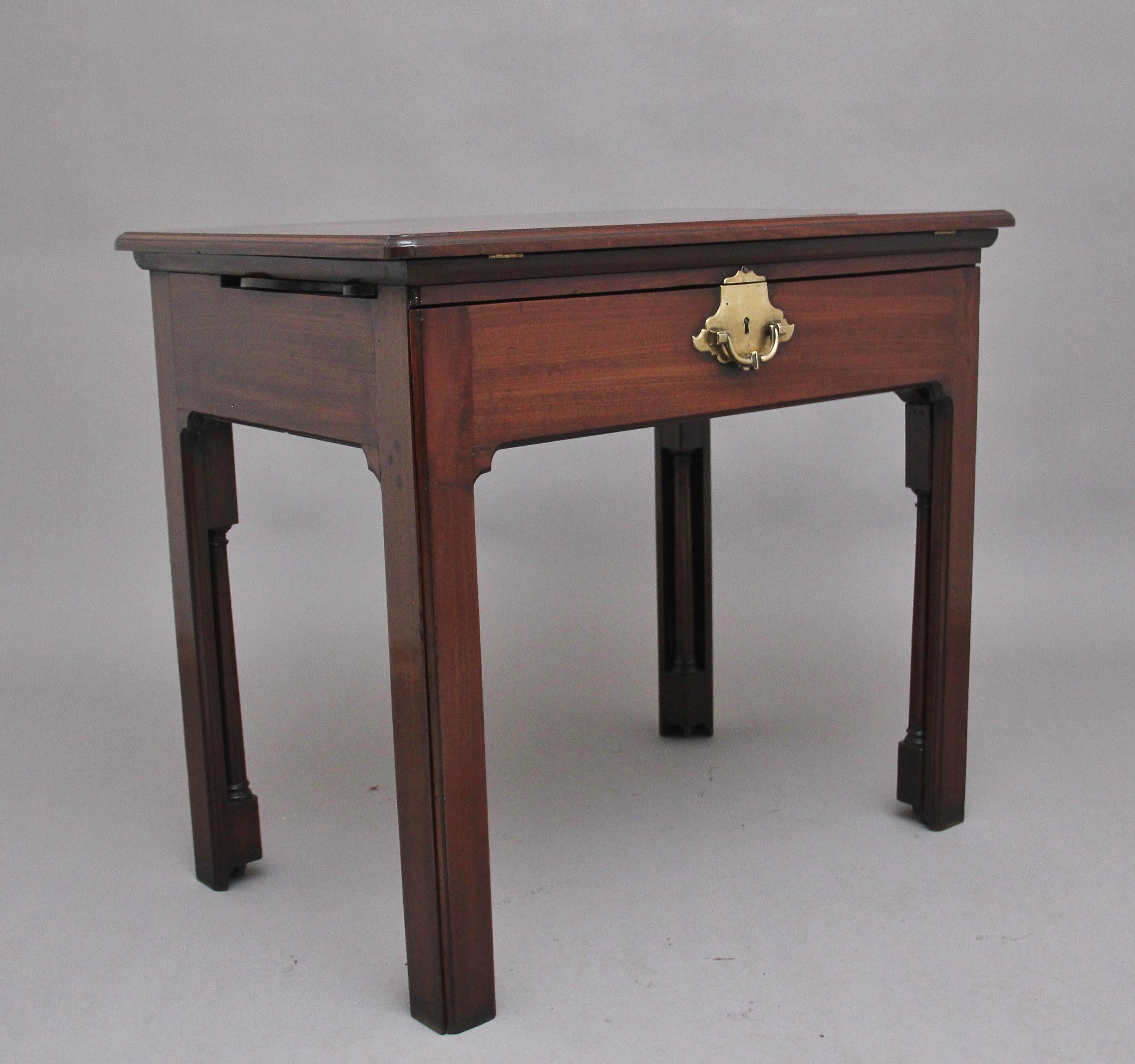 18th Century mahogany architect’s table / desk, the hinged top lifts up and adjusts to various angles, the table / drawer pulls out to reveal a green baize writing surface which slides back to reveal various compartments, either side of the table