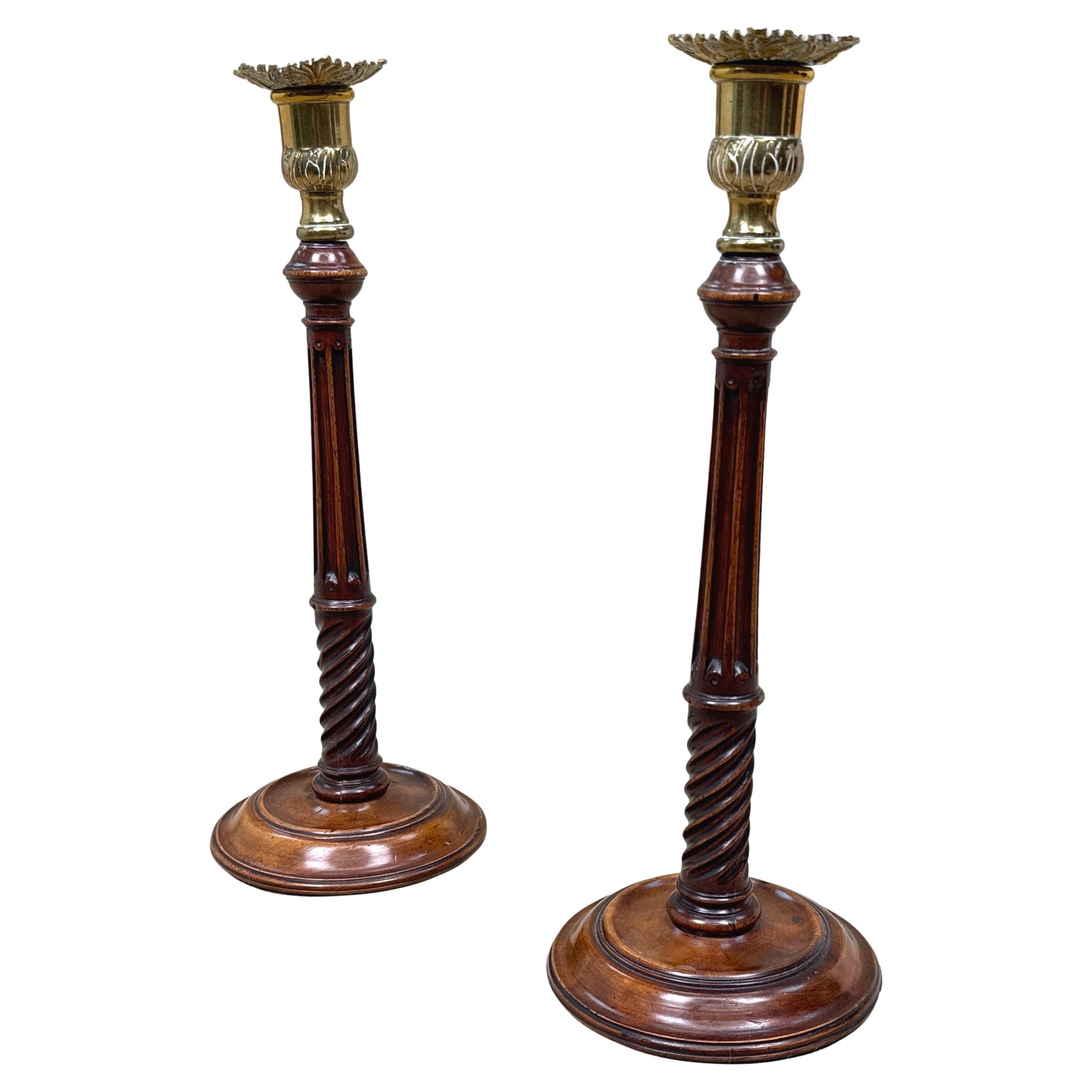 Georgian Candlesticks, Mahogany & Brass, England, Circa 1760