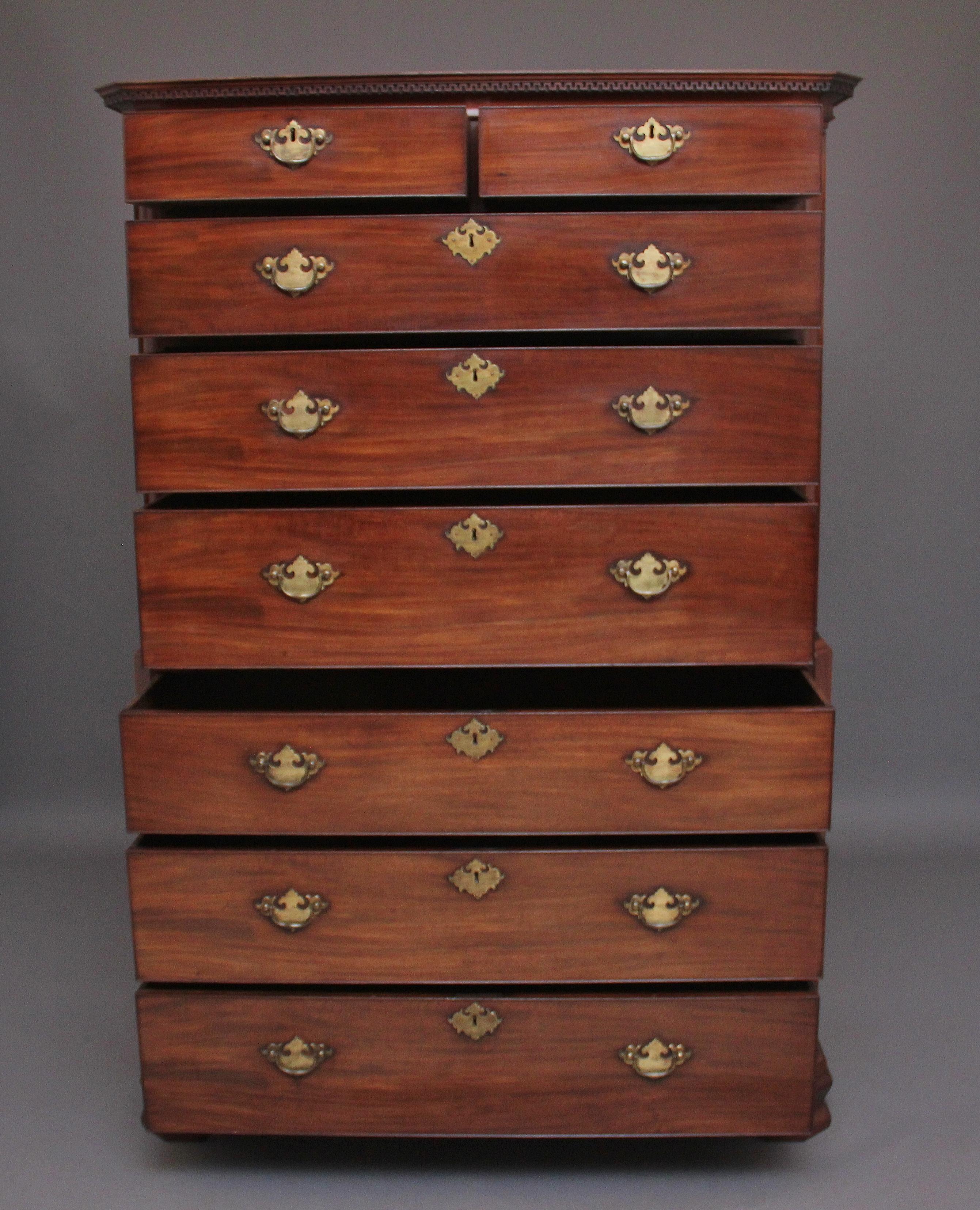 18th Century mahogany chest on chest / tallboy, the top having a nice moulded cornice with dentil moulding above a selection of eight drawers, two short over six long graduated drawers, which are all oak lined and have original brass plate handles