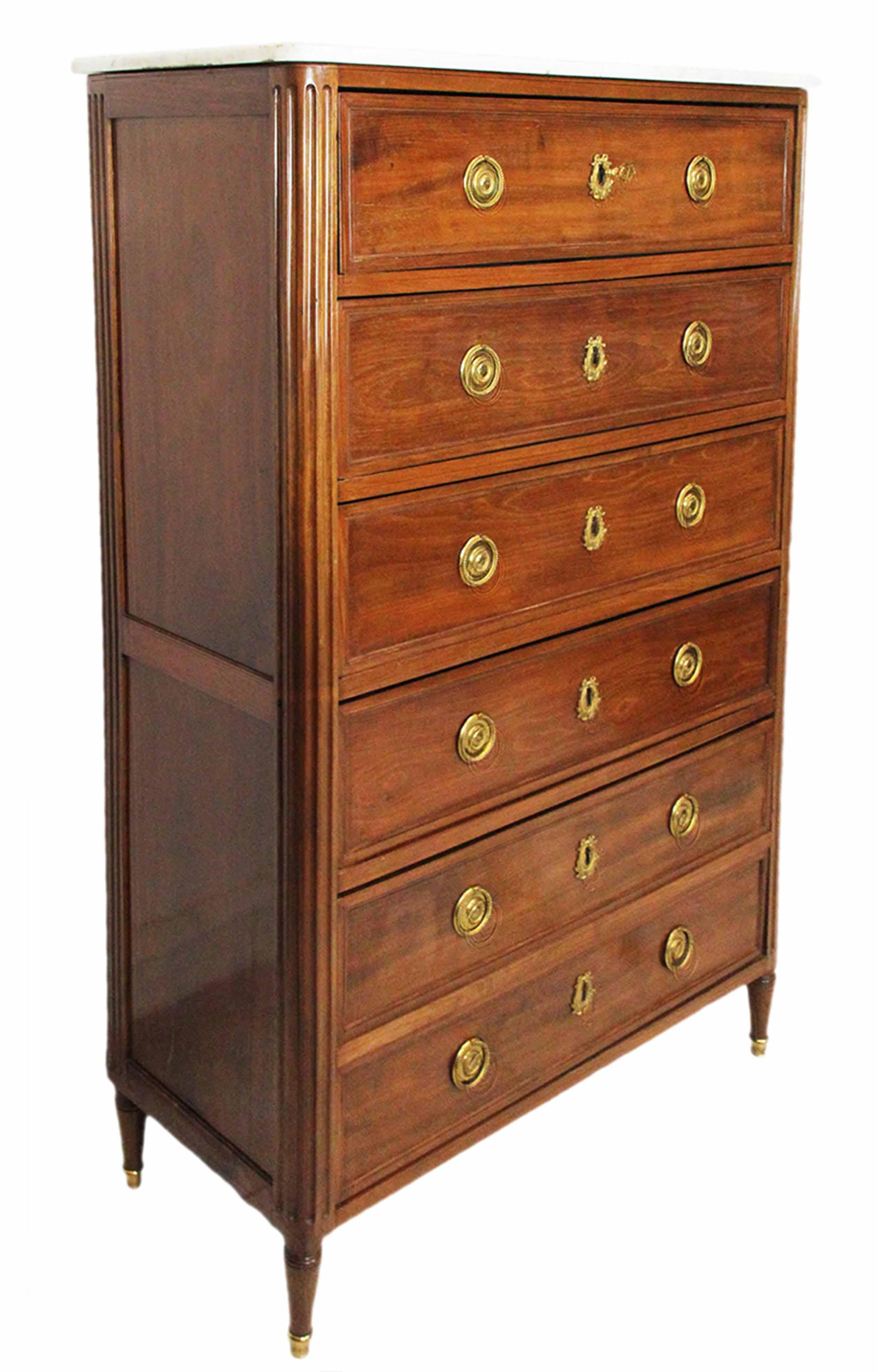 French 18th Century Mahogany Chest Stamped Conrad Mauter in Mahogany and White Marble For Sale