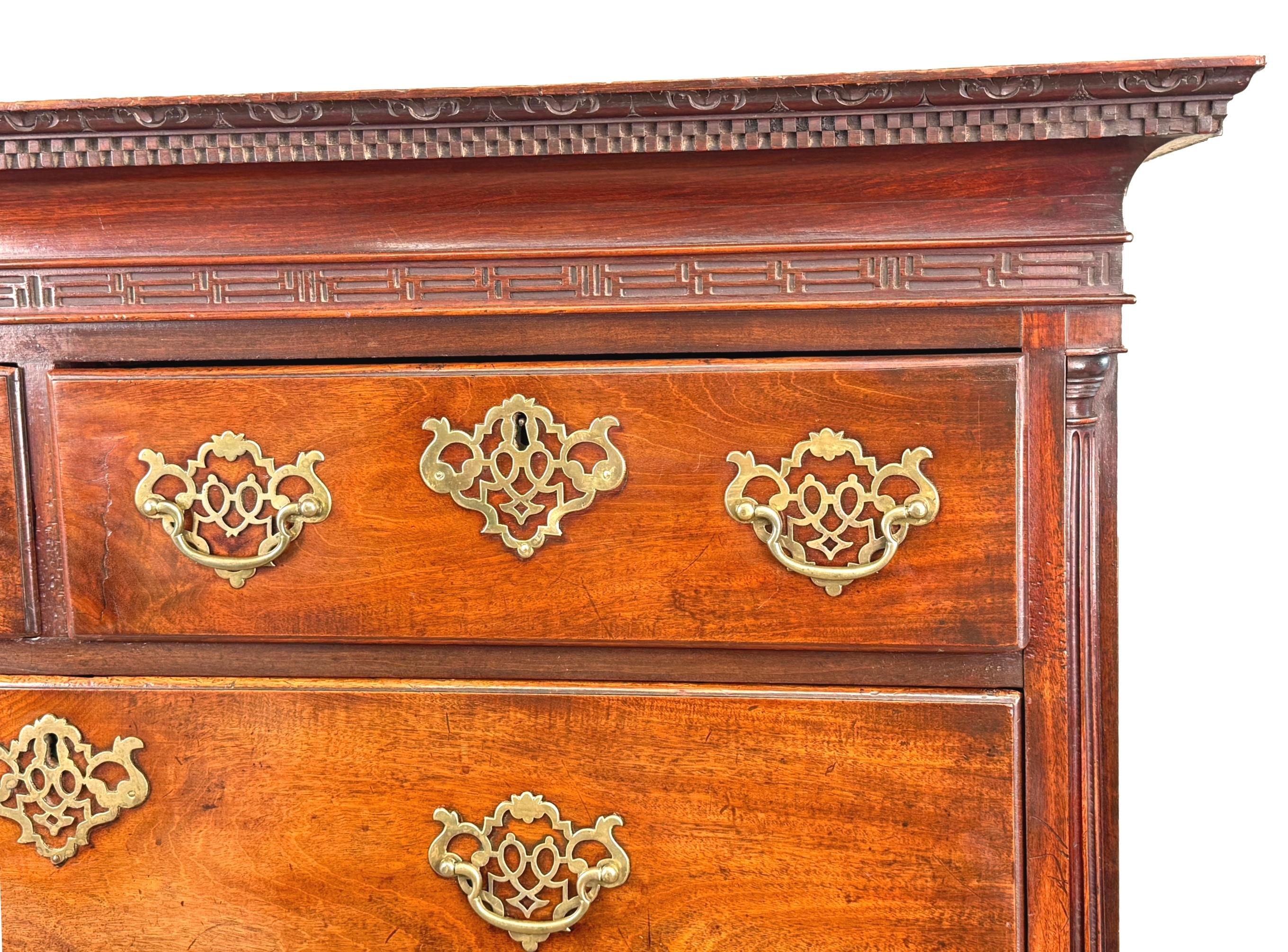 An Exceptional And Rare Design English Georgian Chippendale Period Mahogany Tallboy, Or Chest On Chest, Retaining Wonderful Rich Colour And Patina Throughout, Alongside Bold Original Brass Pierced Plate Handles, The Two Short And Six Long Drawers