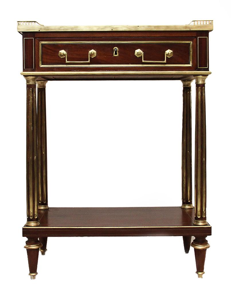 Louis XVI 18th Century Mahogany Console with Brass Gallery and White Marble Top For Sale