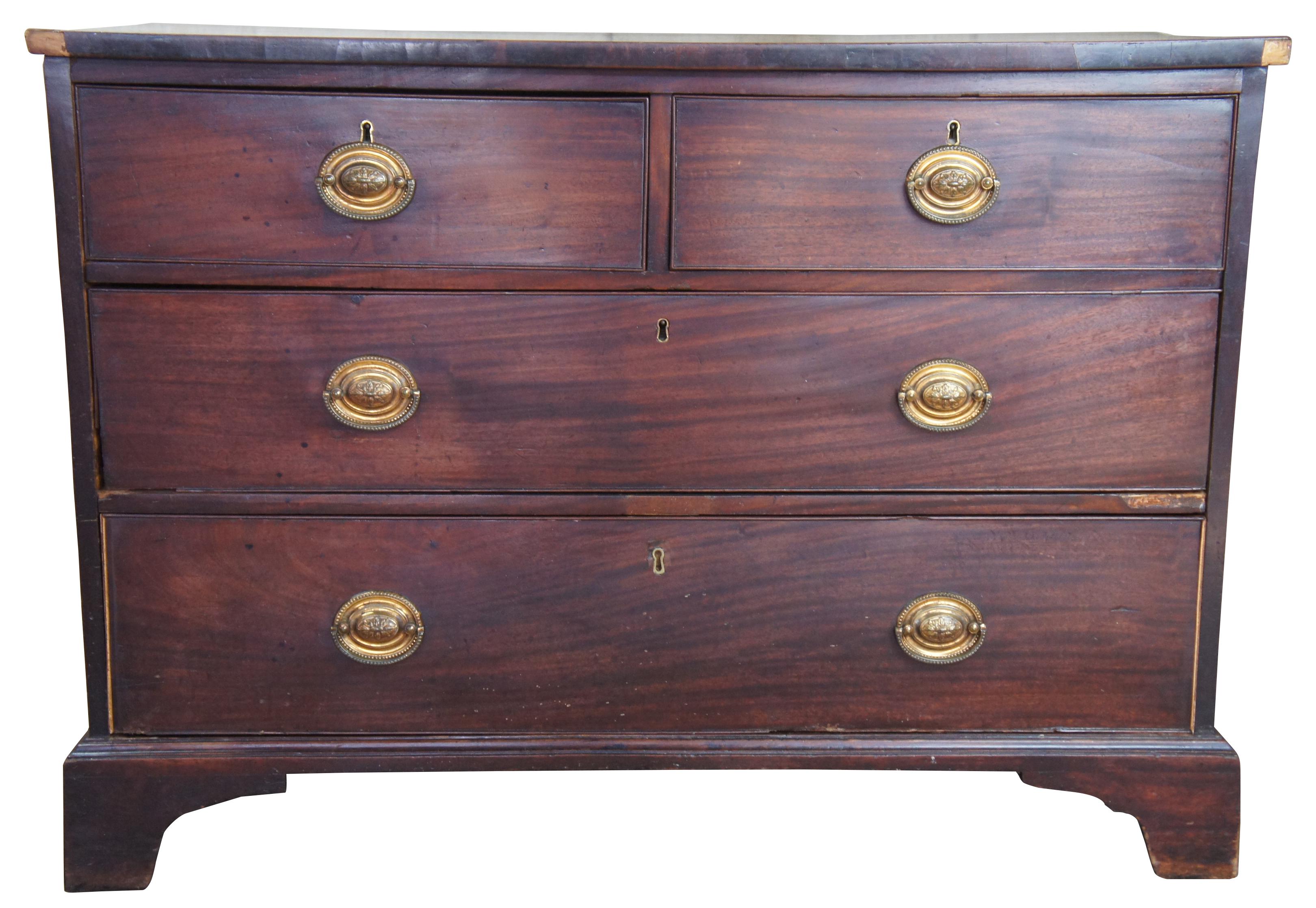 18th century mahogany Georgian chest of drawers antique English dresser

Made from mahogany with four drawers, featuring brass hardware over bracket feet.