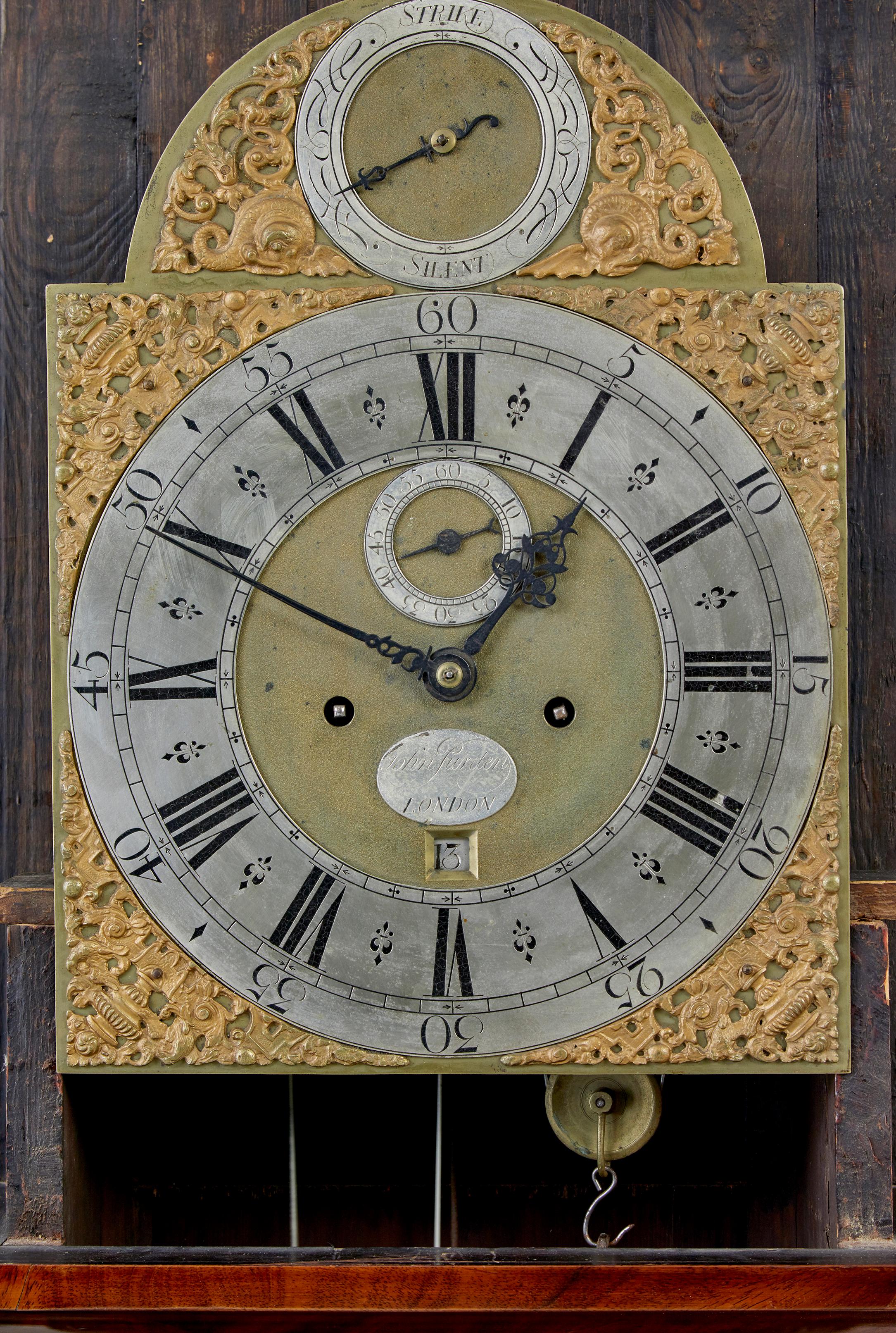 18th century mahogany longcase clock John Purden of London For Sale 1