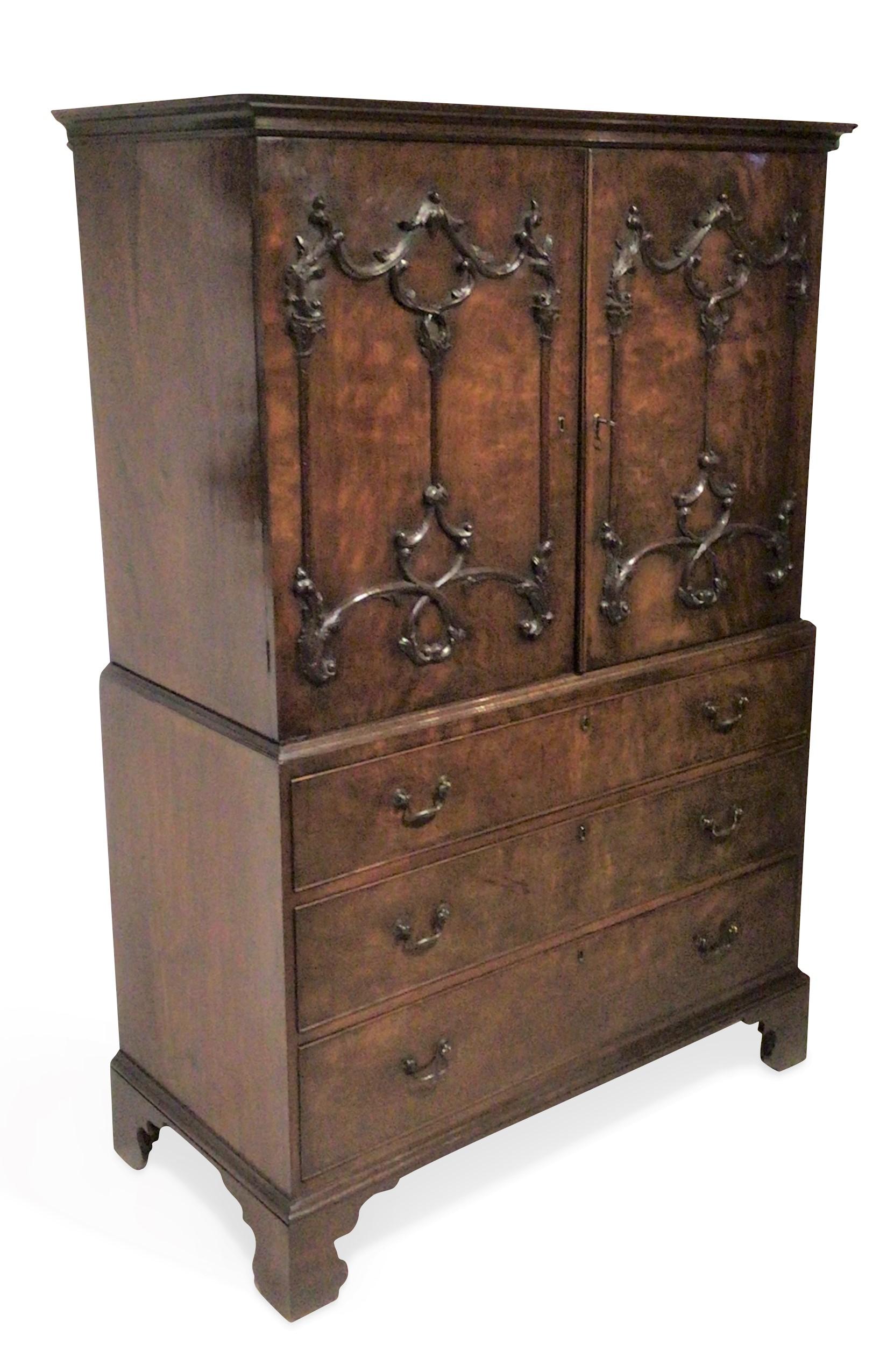 
Home / Stock / 18th Century Mahogany Linen Press
PrevNext


A Fantastic George III mahogany linen press. The doors are adorned with stunning foliate, pilaster and scroll moulded carvings in the rococo taste. 

The interior retains its original