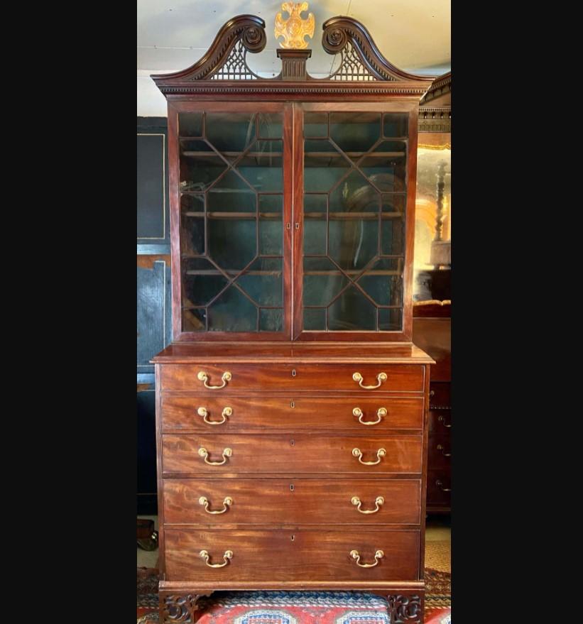 English 18th Century Mahogany Secretaire Bookcase China Cabinet For Sale