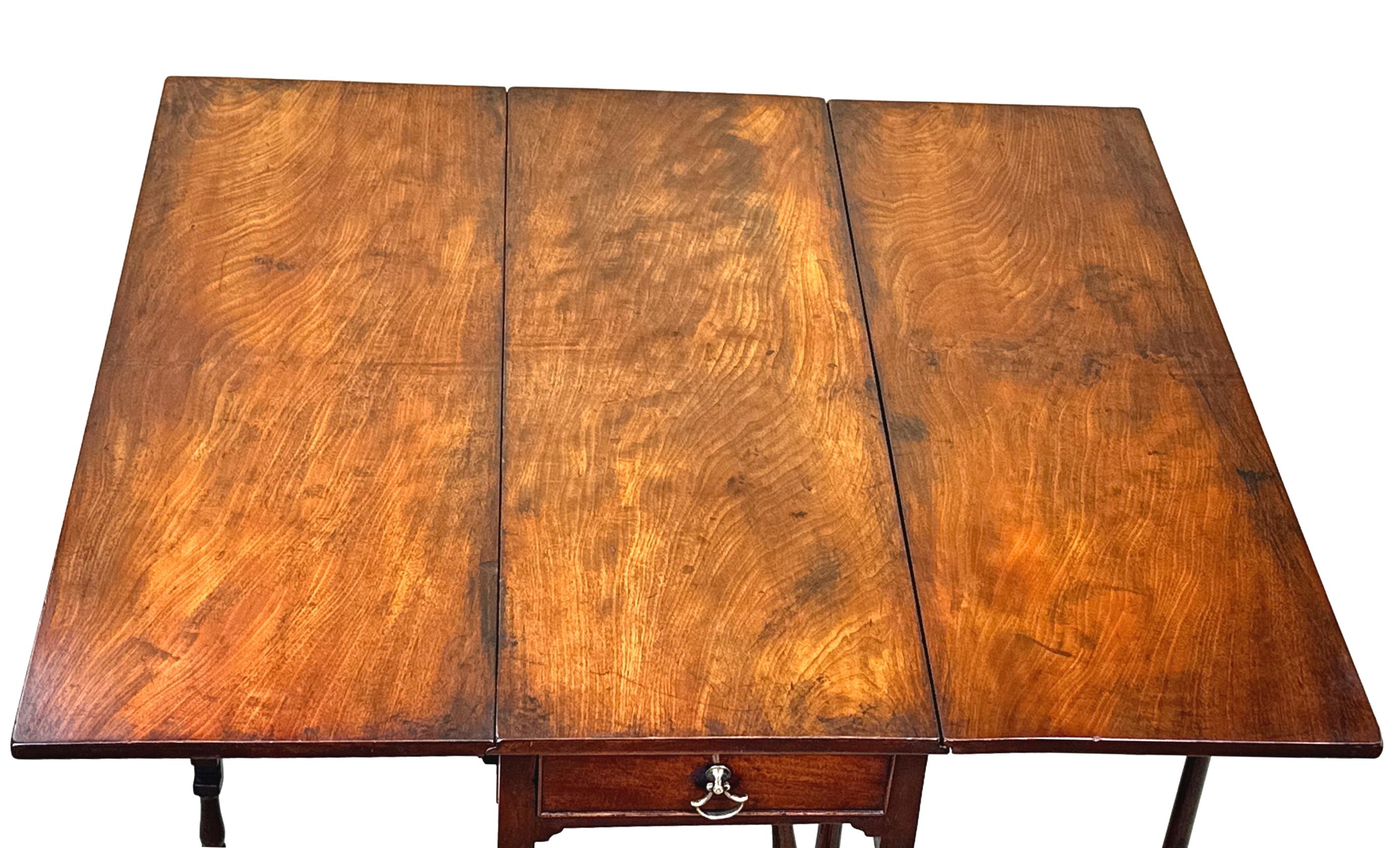 A Charming 18th Century George III Period Mahogany Drop Leaf Occasional Table, Of Rectangular Form, Having Superbly Figured Top Retaining Exceptional Colour And Patina Throughout, Over One Frieze Drawer And Elegant Turned Supports Forming Rare