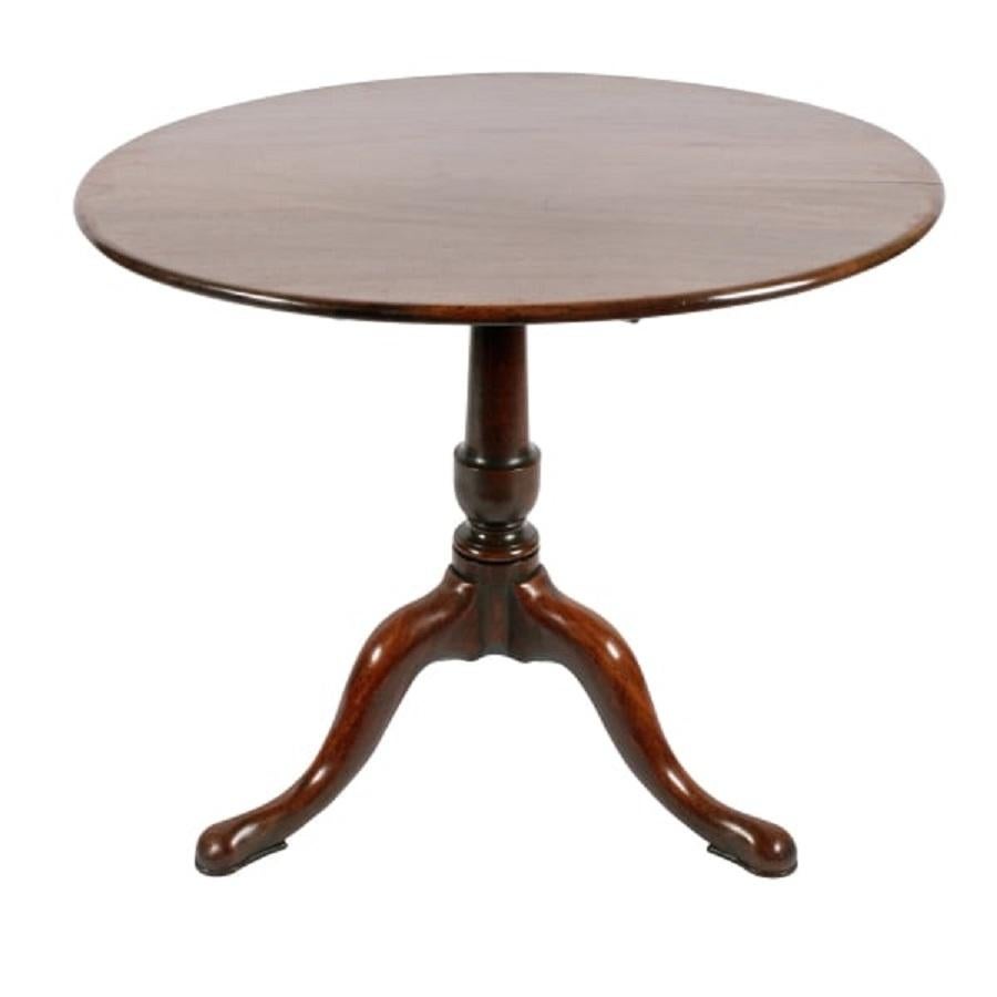 A large 18th century Georgian mahogany tip top supper table.

The table has a one piece figured mahogany top with a rounded edge and a release catch underneath so the top can tip.

The base has three cabriole legs with shaped pad feet and a