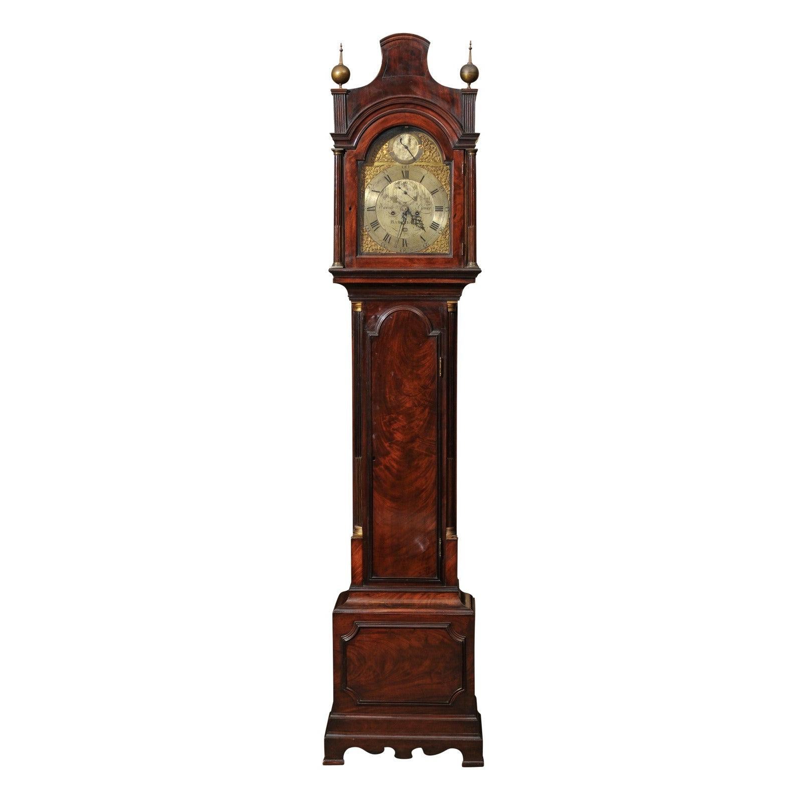 18th Century Mahogany Tallcase Clock with Bonnet Top and Brass Face