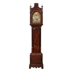 Antique 18th Century Mahogany Tallcase Clock with Bonnet Top and Brass Face