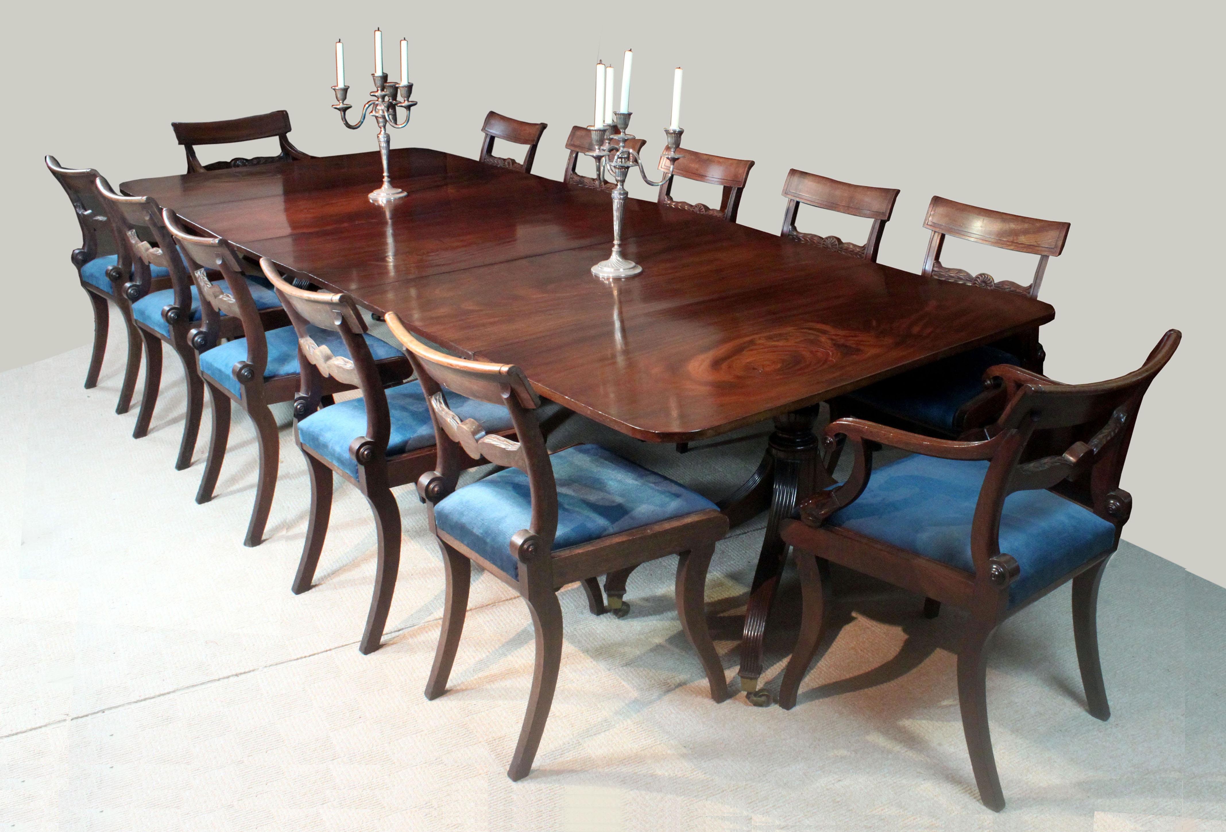 Late 18th Century Mahogany Three Pillar Dining Table
A fine late 18th century three pillar dining table with four handsome umbrella shaped legs, gun barrel stems and original cup castors on each pillar. The top is in particularly well figured