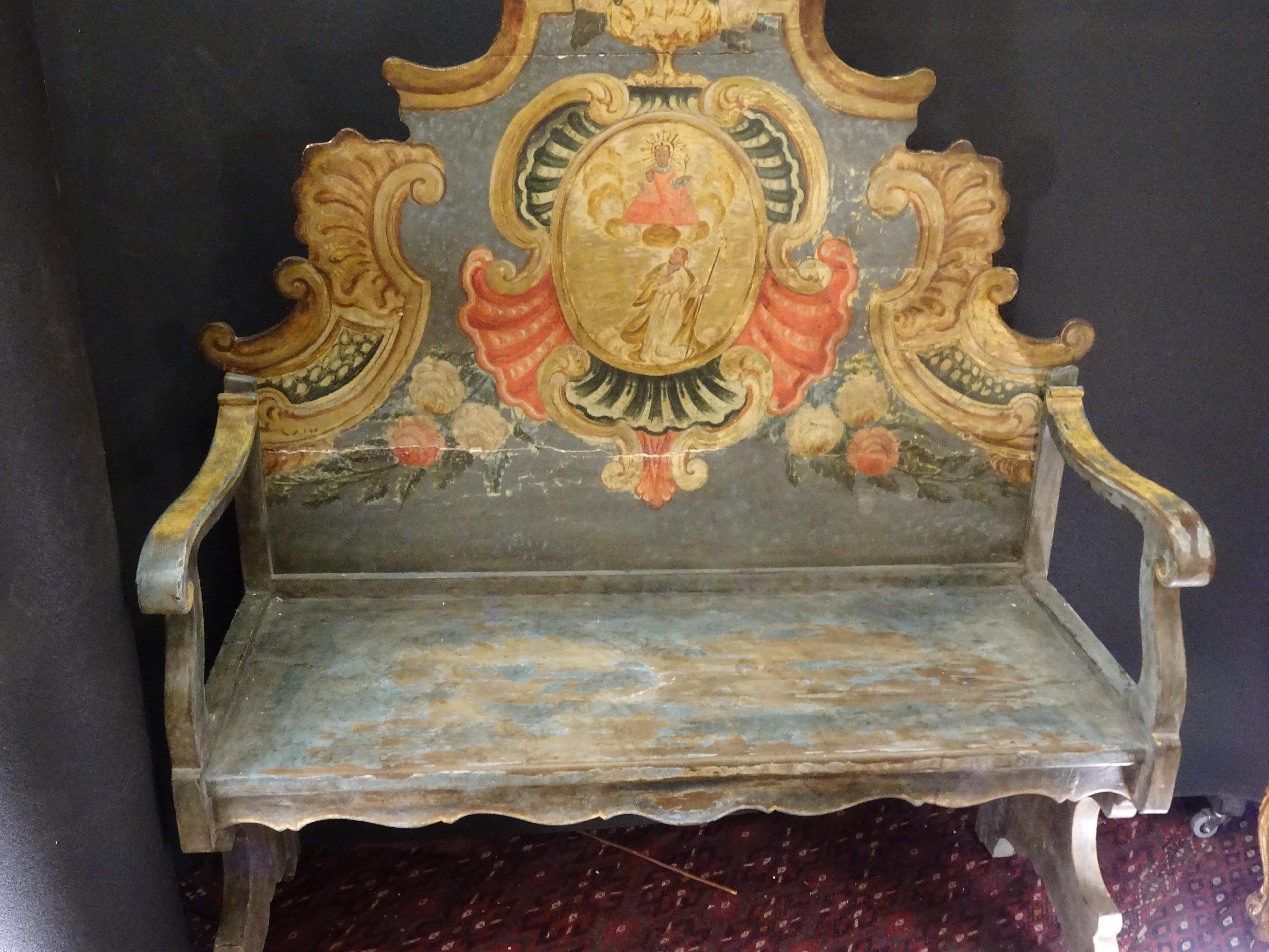 Spanish 18th Century Majorcan Pink and Blue Floral Hand Painted Wood Bench