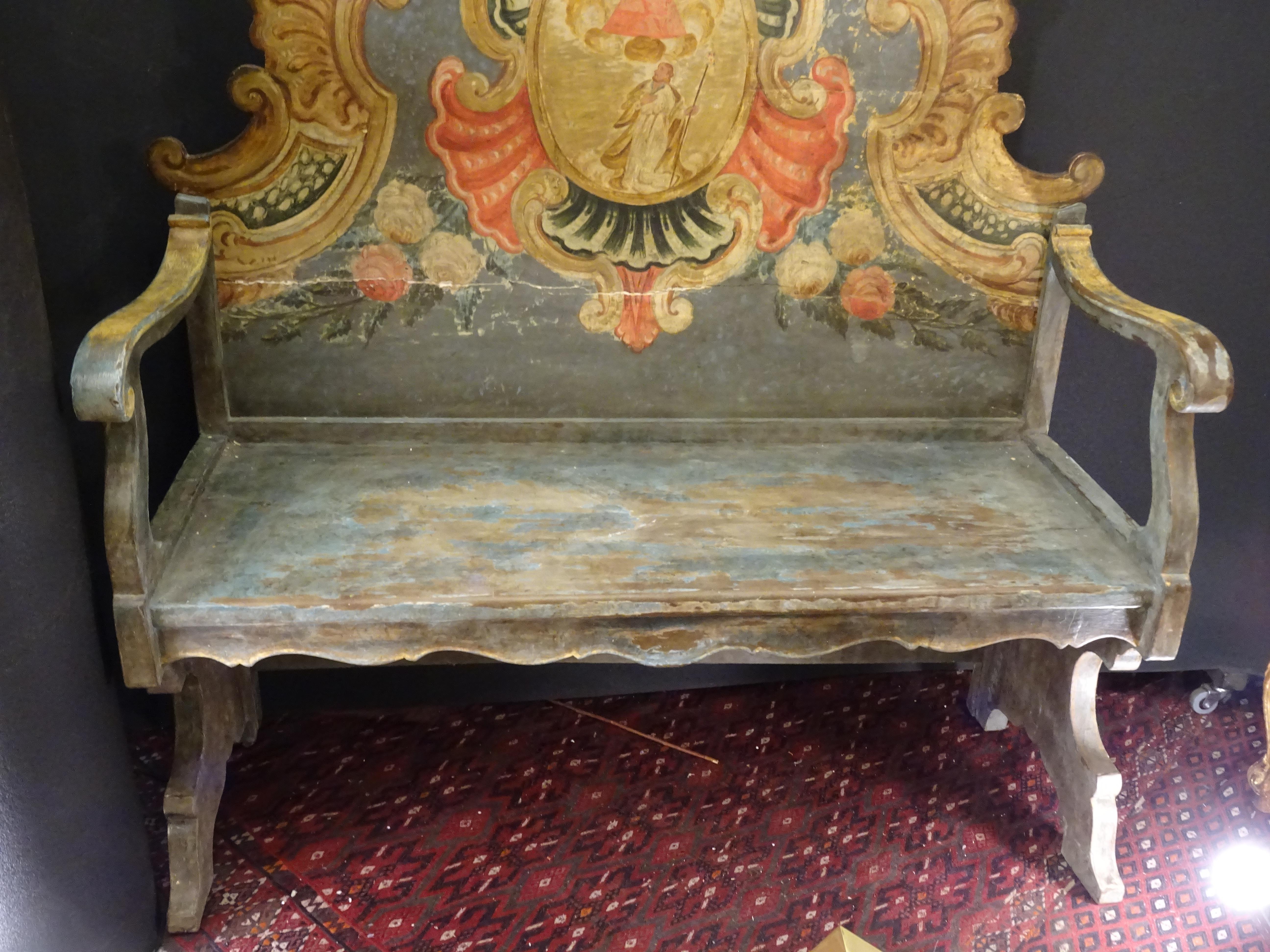 Hand-Painted 18th Century Majorcan Pink and Blue Floral Hand Painted Wood Bench