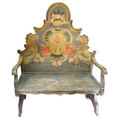 18th Century Majorcan Pink and Blue Floral Hand Painted Wood Bench