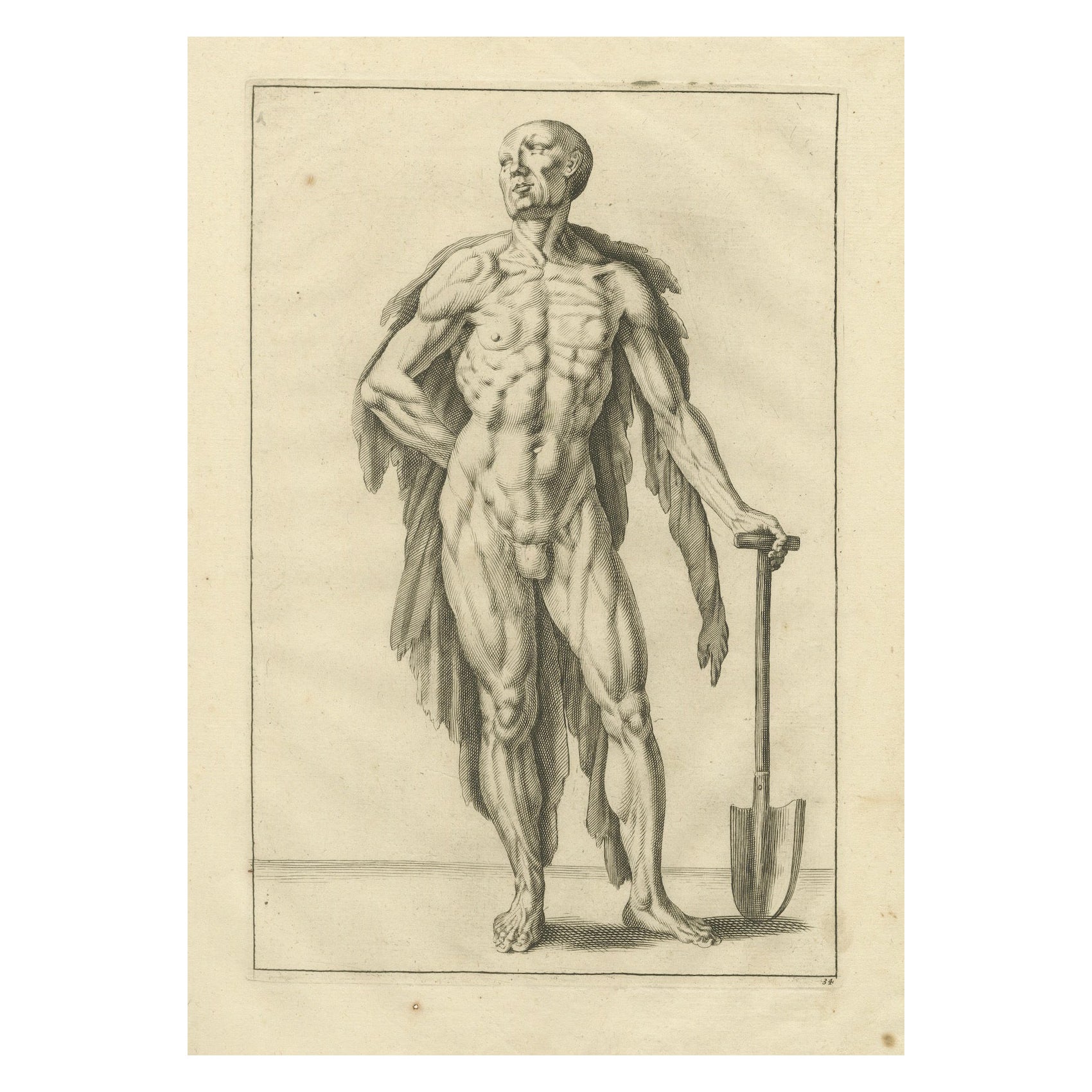 18th Century Male Nude with Shovel Academic Figure Study after de Lairesse c1745