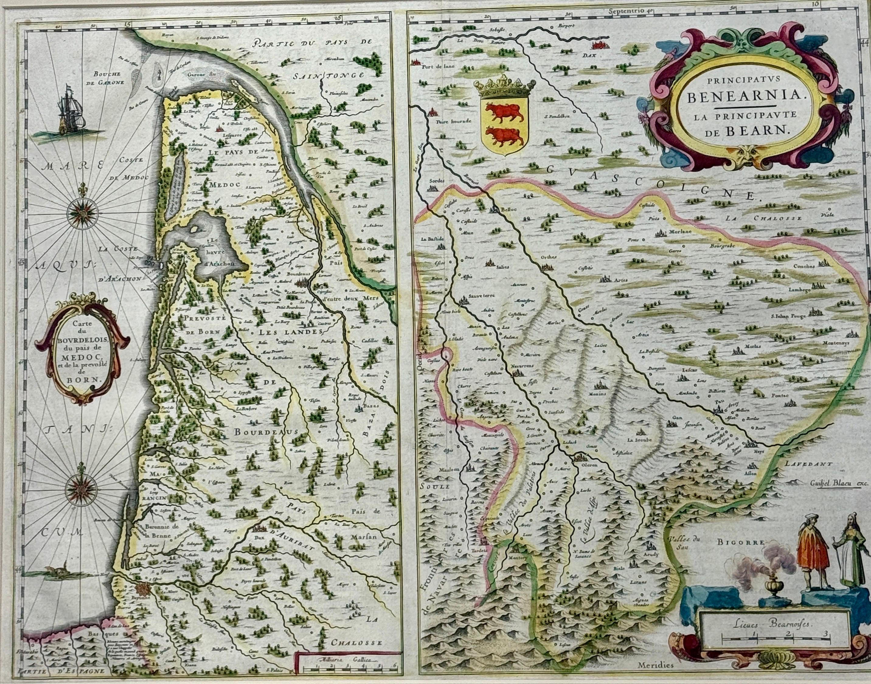 Fatto a mano Mappa del XVIII secolo della regione francese dei Pirenei in vendita
