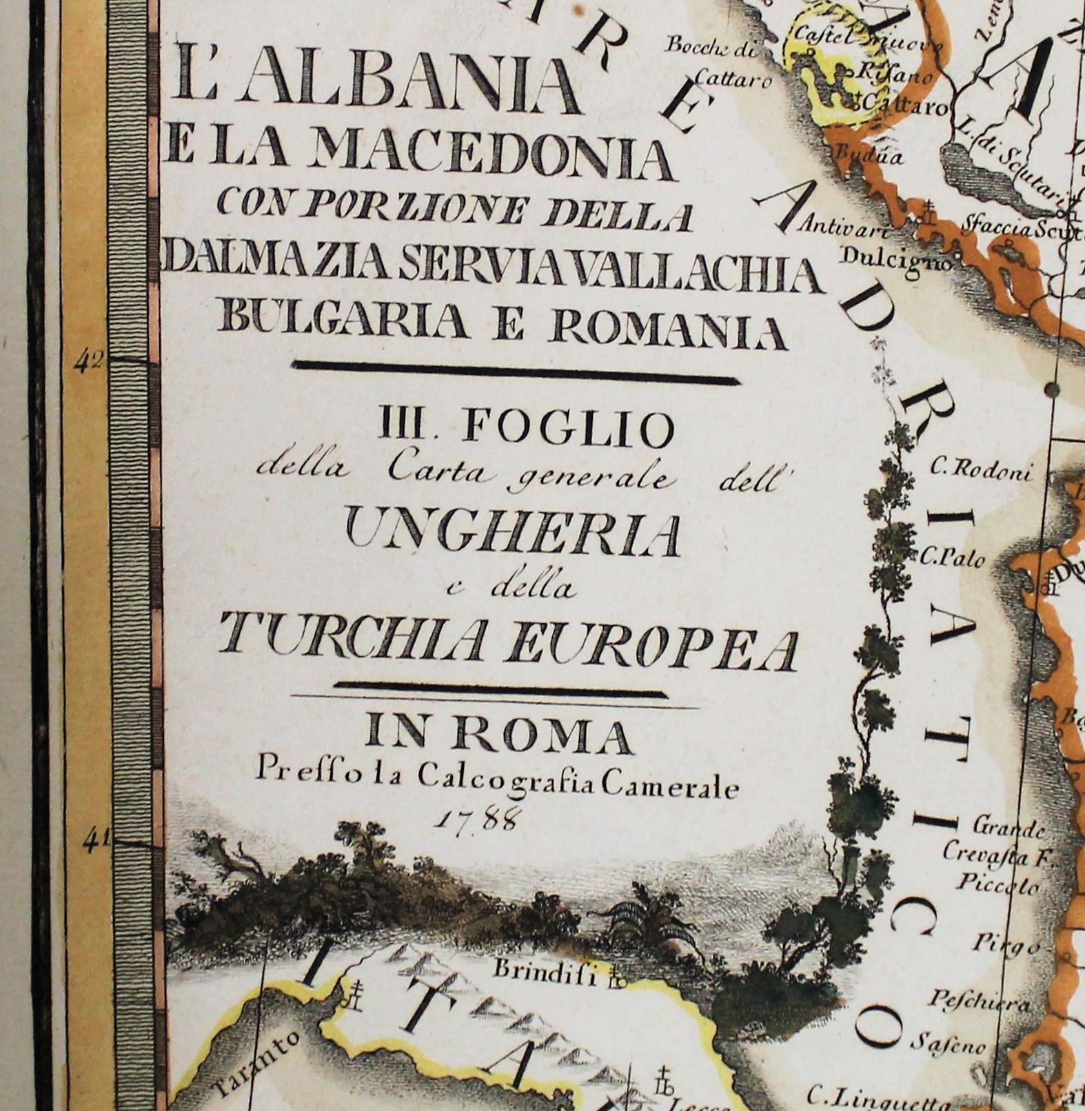 carte du 18e siècle réalisée par le graveur italien Giovanni Maria Cassini (Italie 1745-1824).
Carte des Balkans du Sud : Rome. Impression colorée à la main et gravée sur cuivre réalisée en 1788. Elle comprend la Macédoine et l'Albanie, ainsi que