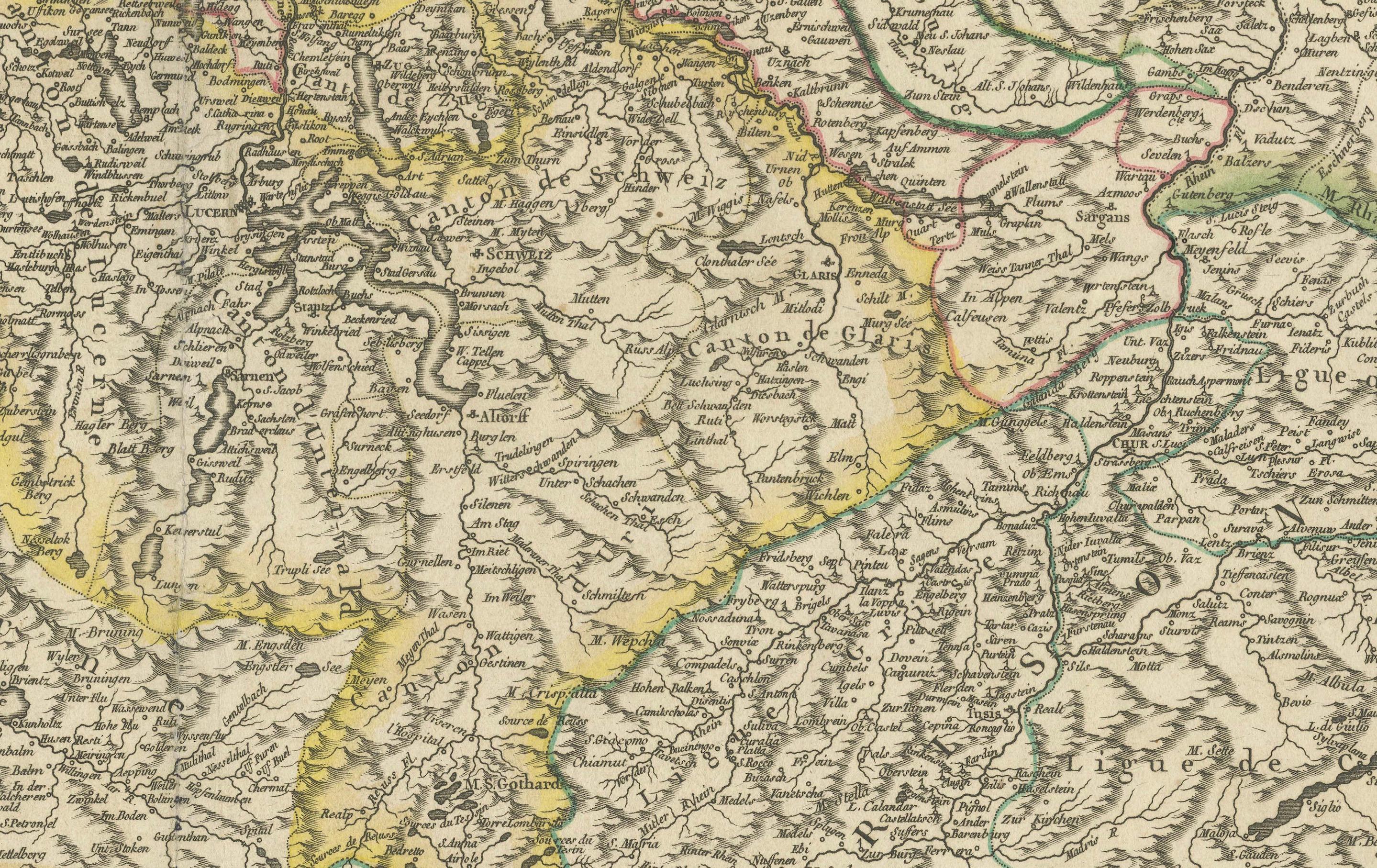 Gravé Carte de la Confédération suisse du XVIIIe siècle par Robert The Vaugondy en vente