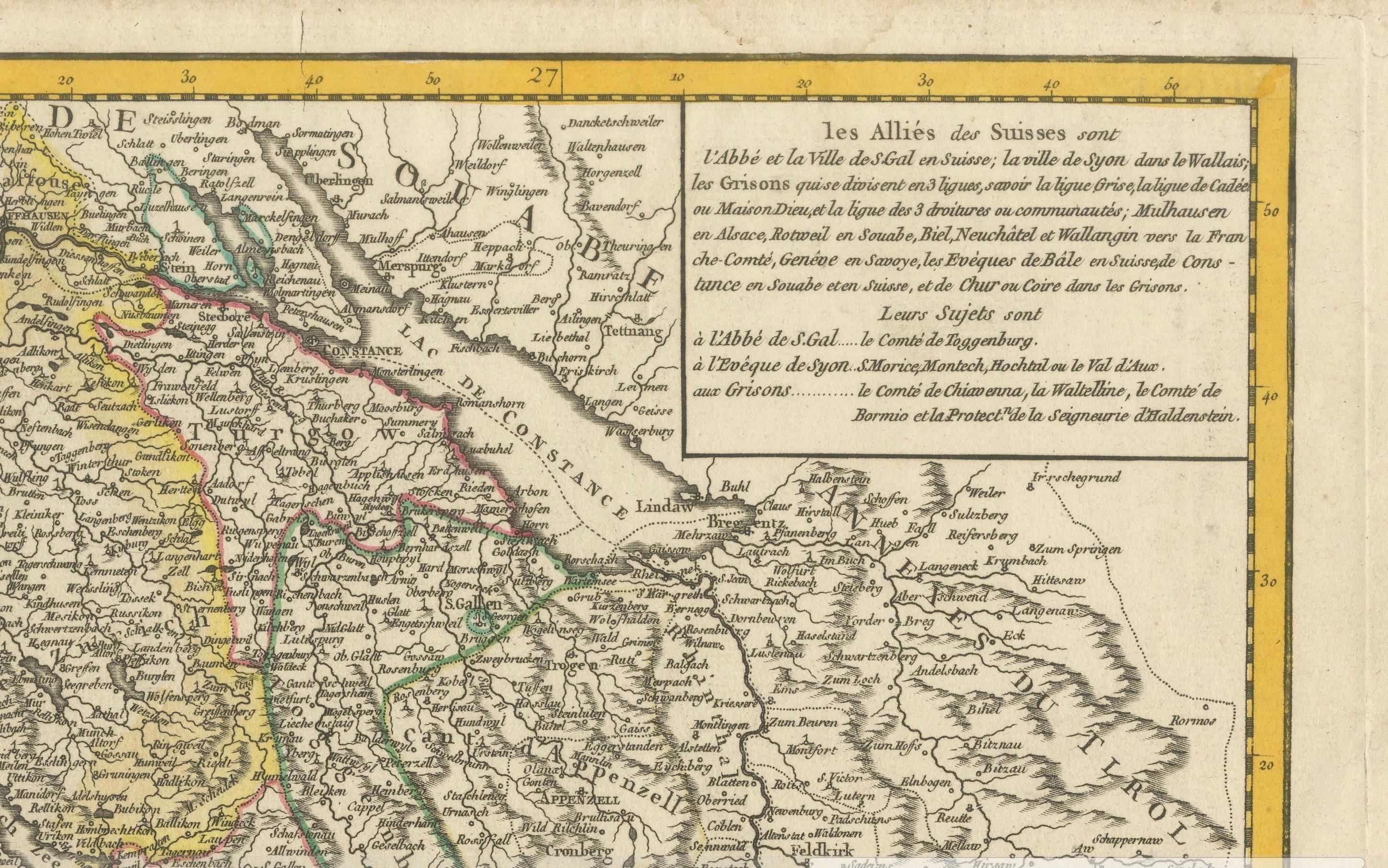 Milieu du XVIIIe siècle Carte de la Confédération suisse du XVIIIe siècle par Robert The Vaugondy en vente