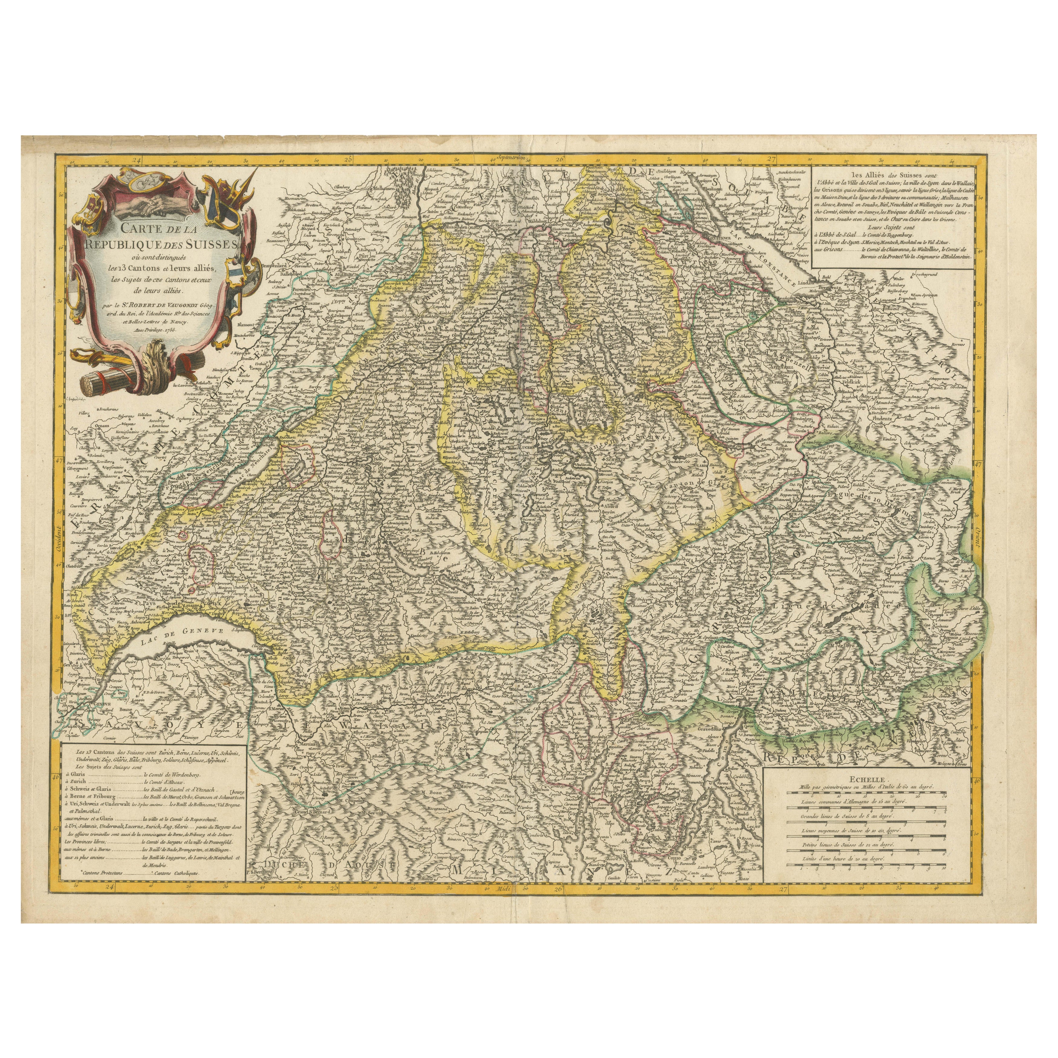 18th-Century Map of the Swiss Confederation by Robert de Vaugondy