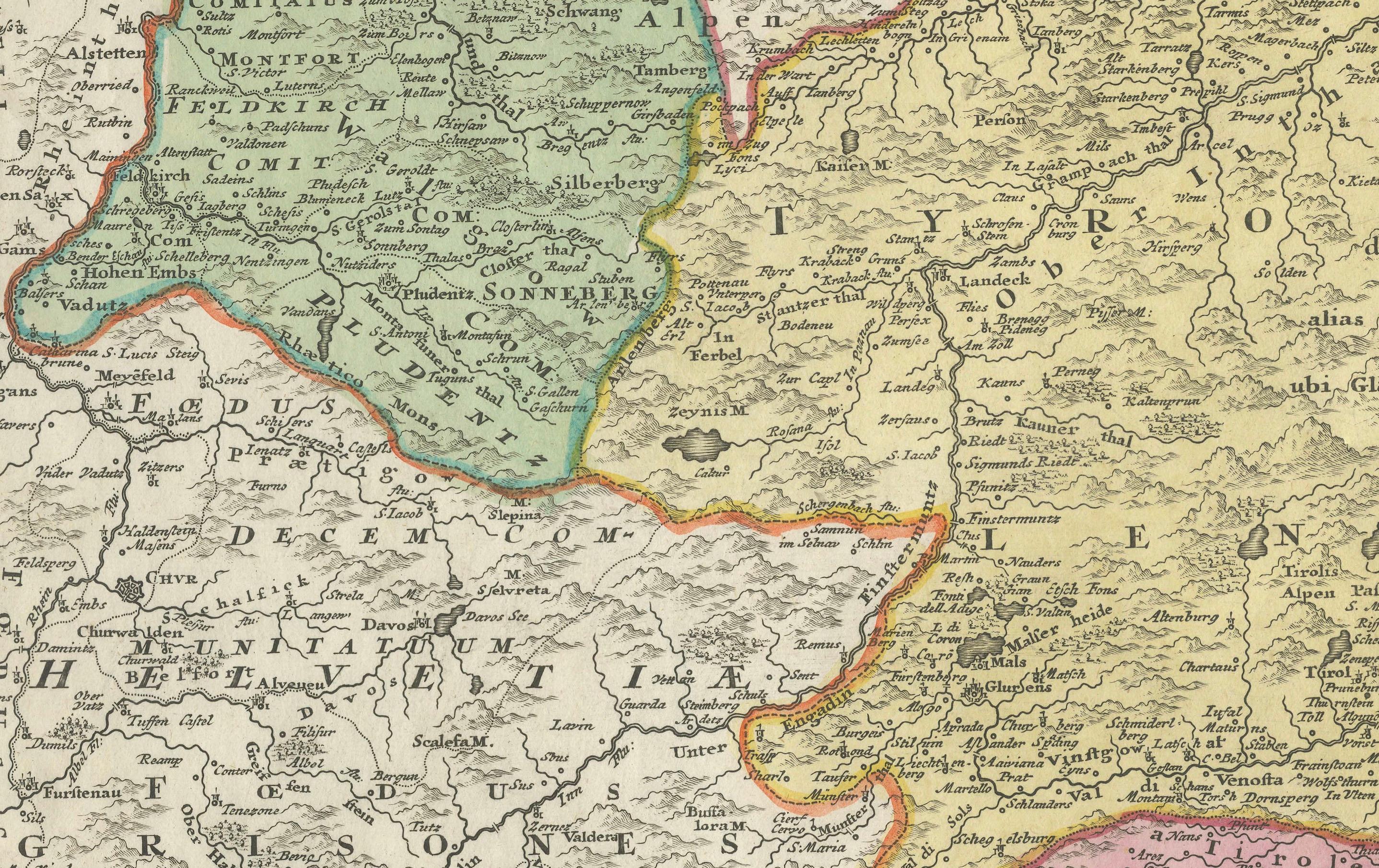 Carte du 18e siècle du Tyrol et des régions avoisinantes par Johann Baptist Homann  

Description : Cette remarquable carte du XVIIIe siècle de Johann Baptist Homann représente le comté du Tyrol (Tirol), une région historique importante du Saint