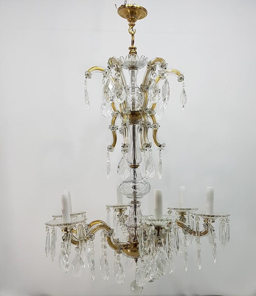 Engraved 18th Century Maria Theresa Crystal Glass and Brass Spanish Six Arms Chandelier For Sale