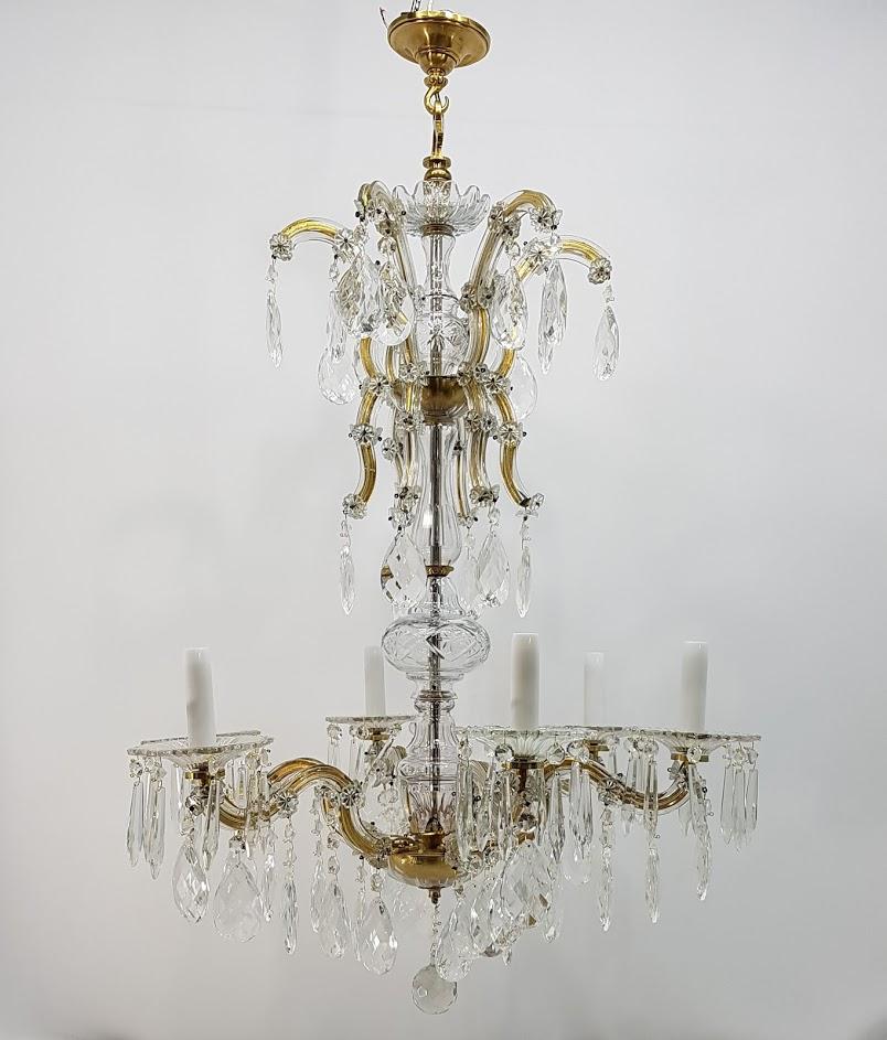 Mid-20th Century 18th Century Maria Theresa Crystal Glass and Brass Spanish Six Arms Chandelier For Sale