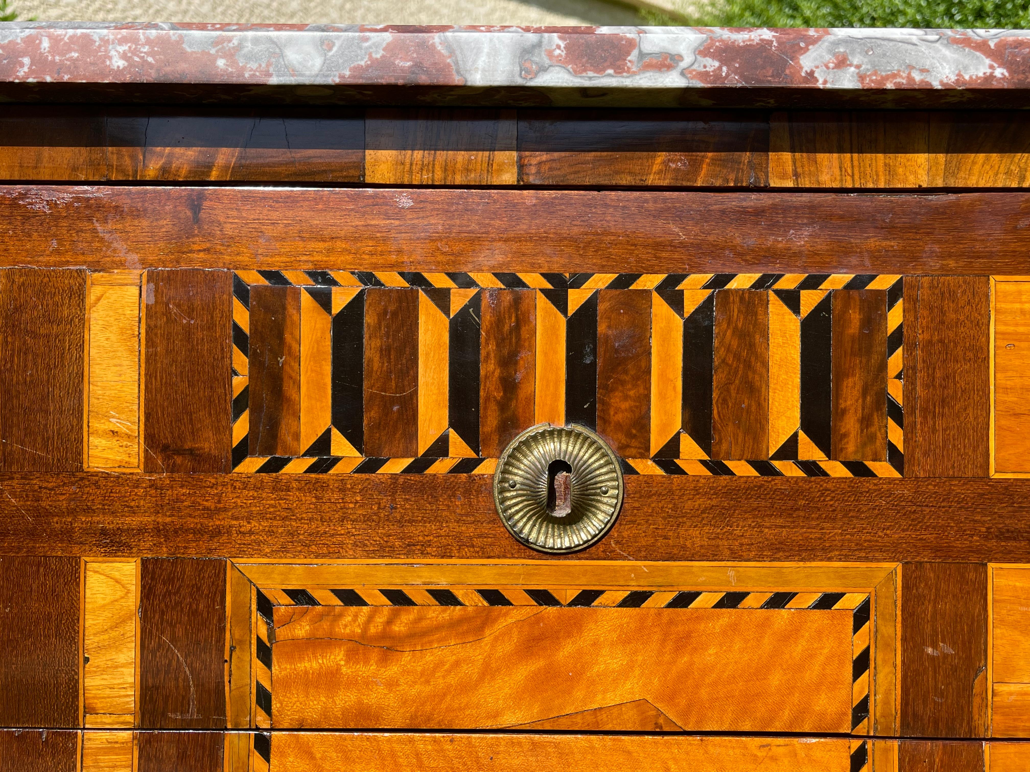 18th Century, Marquetry Commode with Marble Period Louis XVI In Good Condition For Sale In Beaune, FR