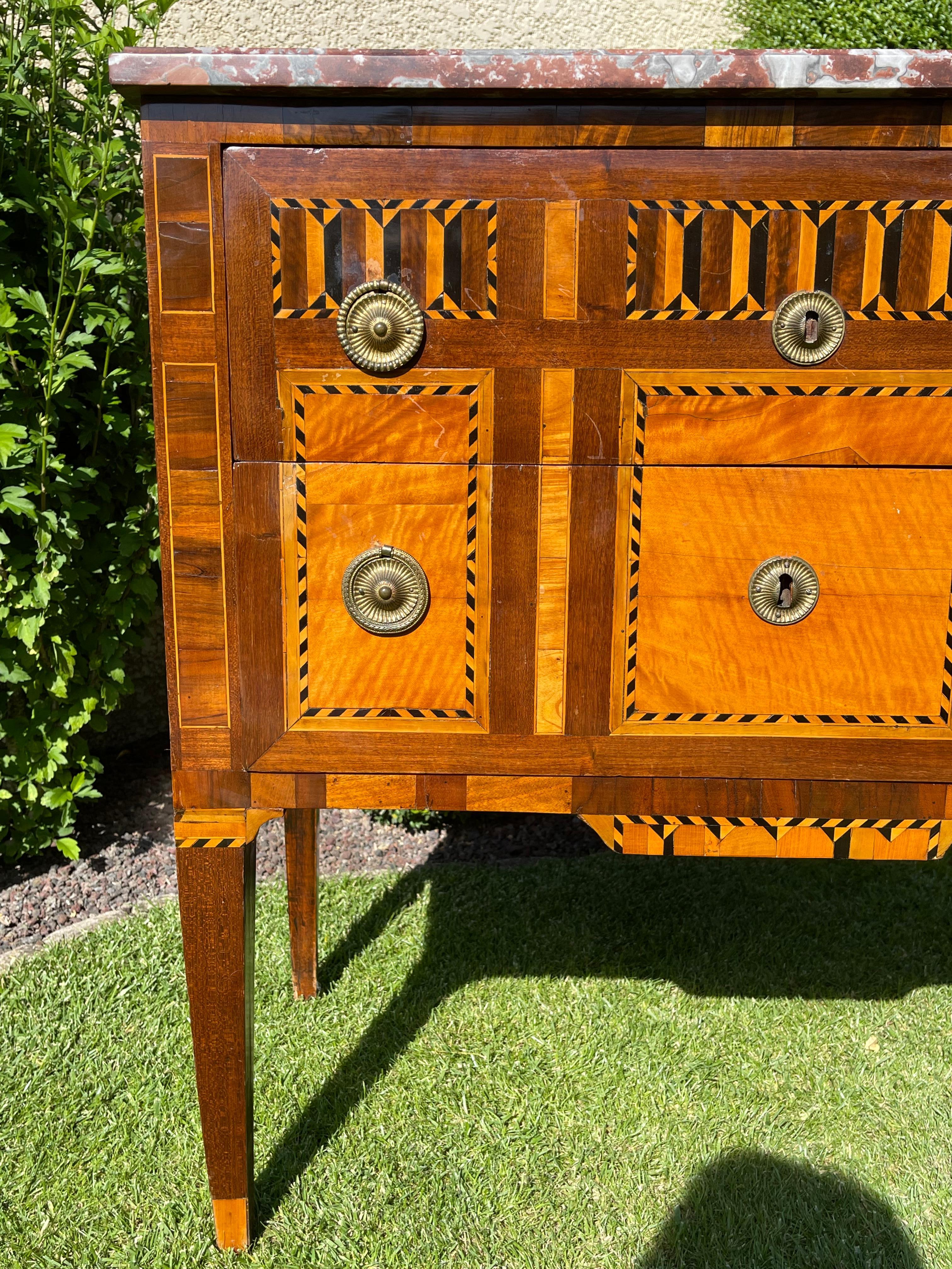 Wood 18th Century, Marquetry Commode with Marble Period Louis XVI For Sale