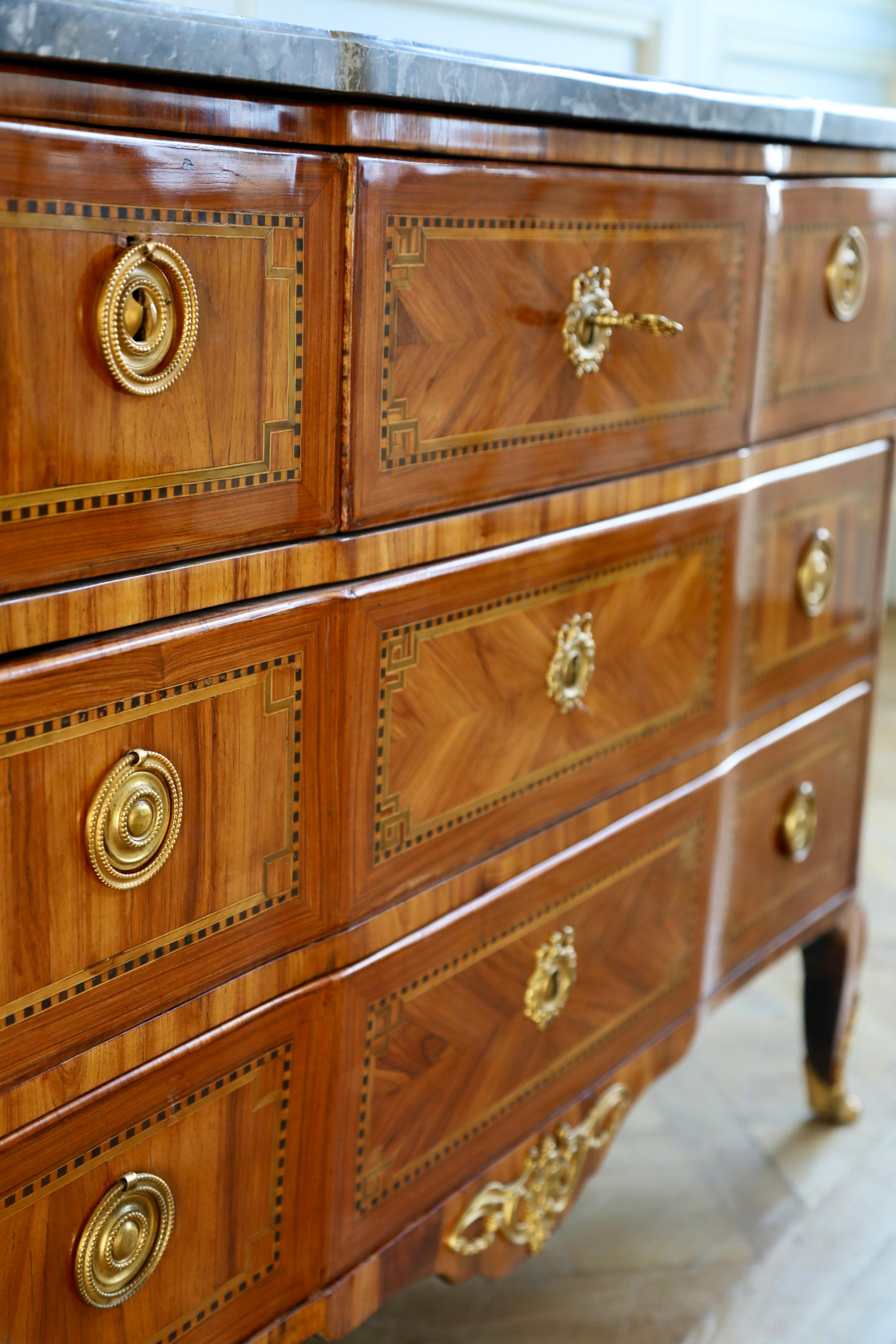 18th Century Marquetry commode with Sainte-Anne Grey Marble, Stamped by L.Aubry For Sale 4