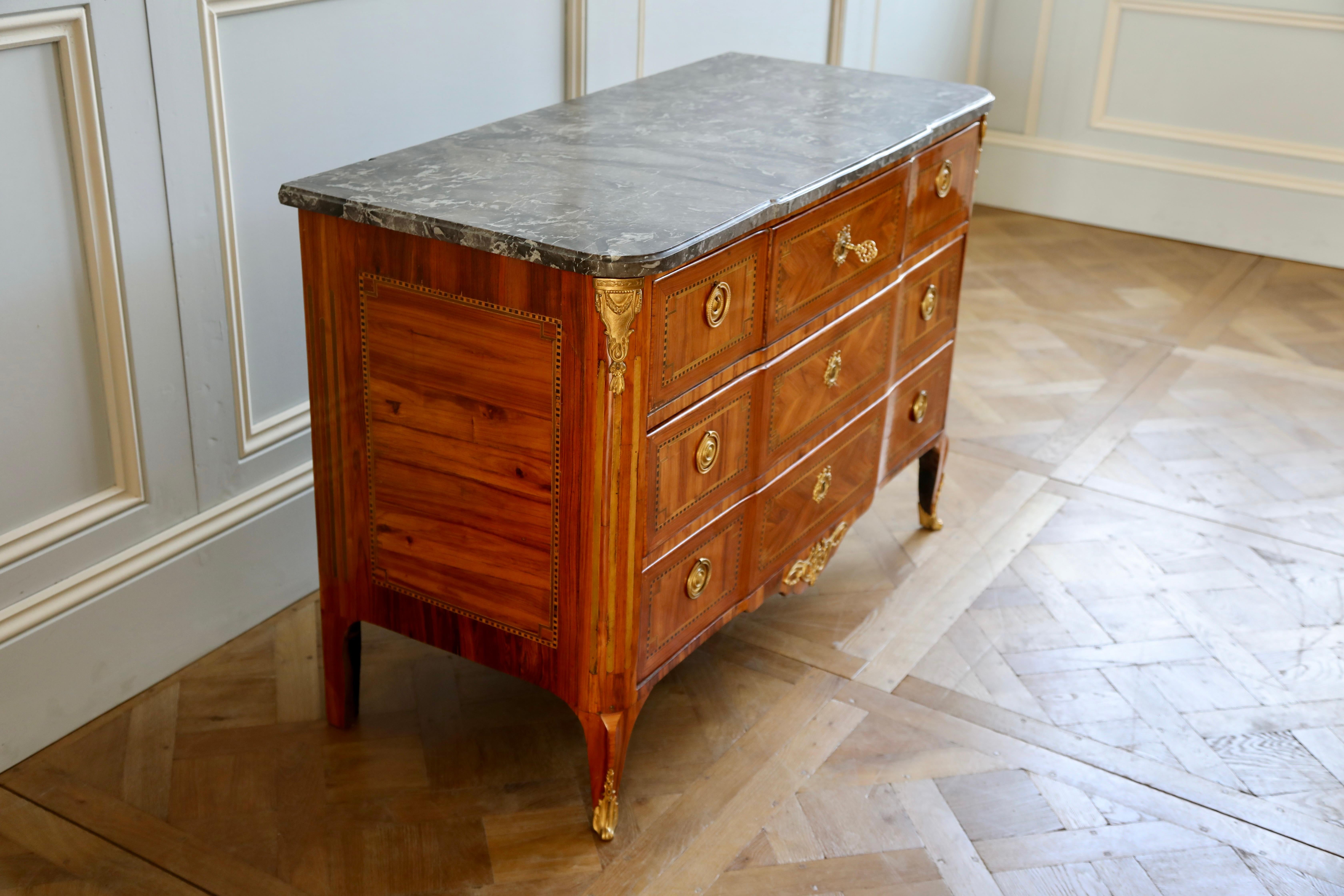 18th Century Marquetry commode with Sainte-Anne Grey Marble, Stamped by L.Aubry For Sale 5