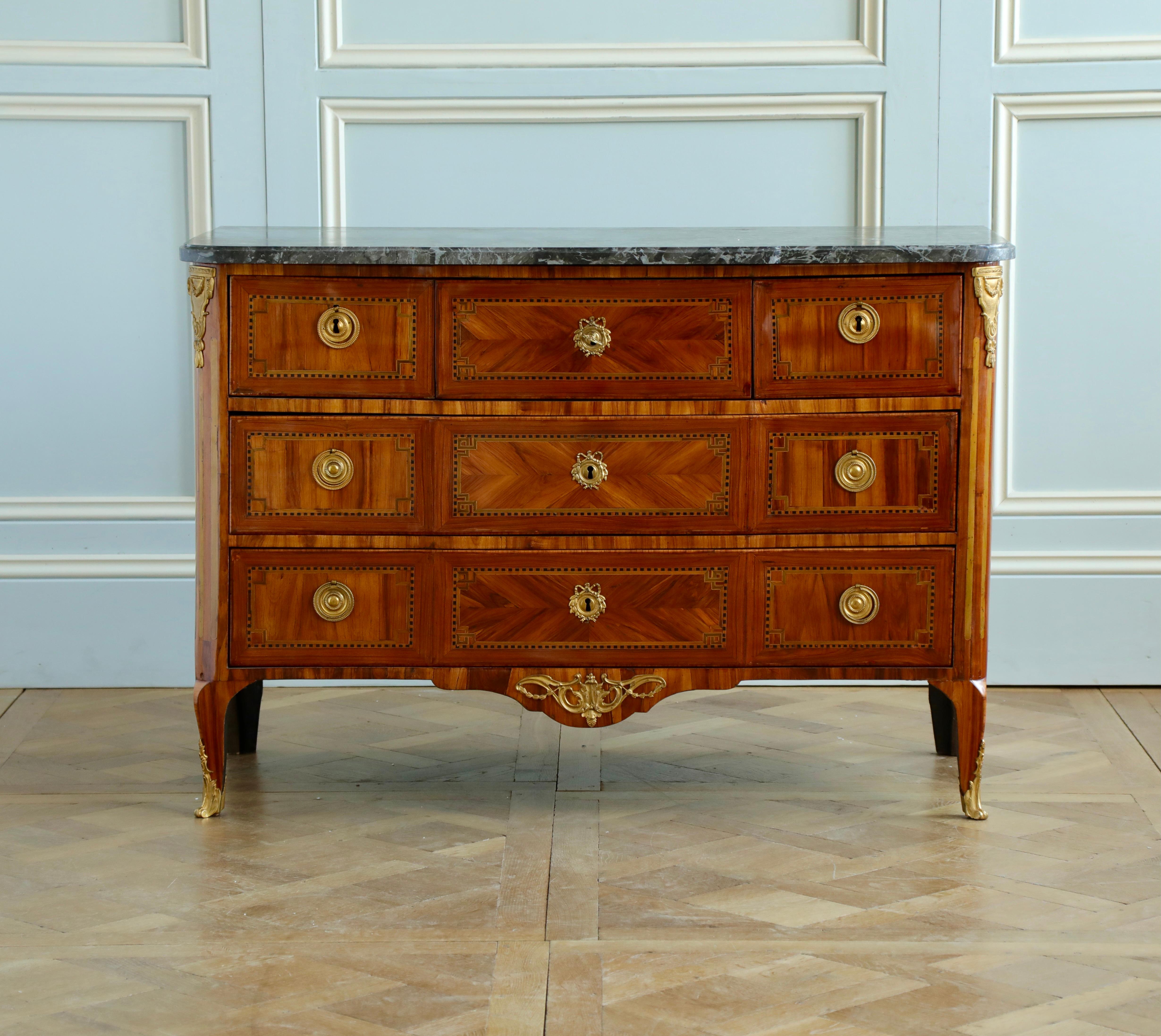 18th Century Marquetry commode with Sainte-Anne Grey Marble, Stamped by L.Aubry For Sale 7
