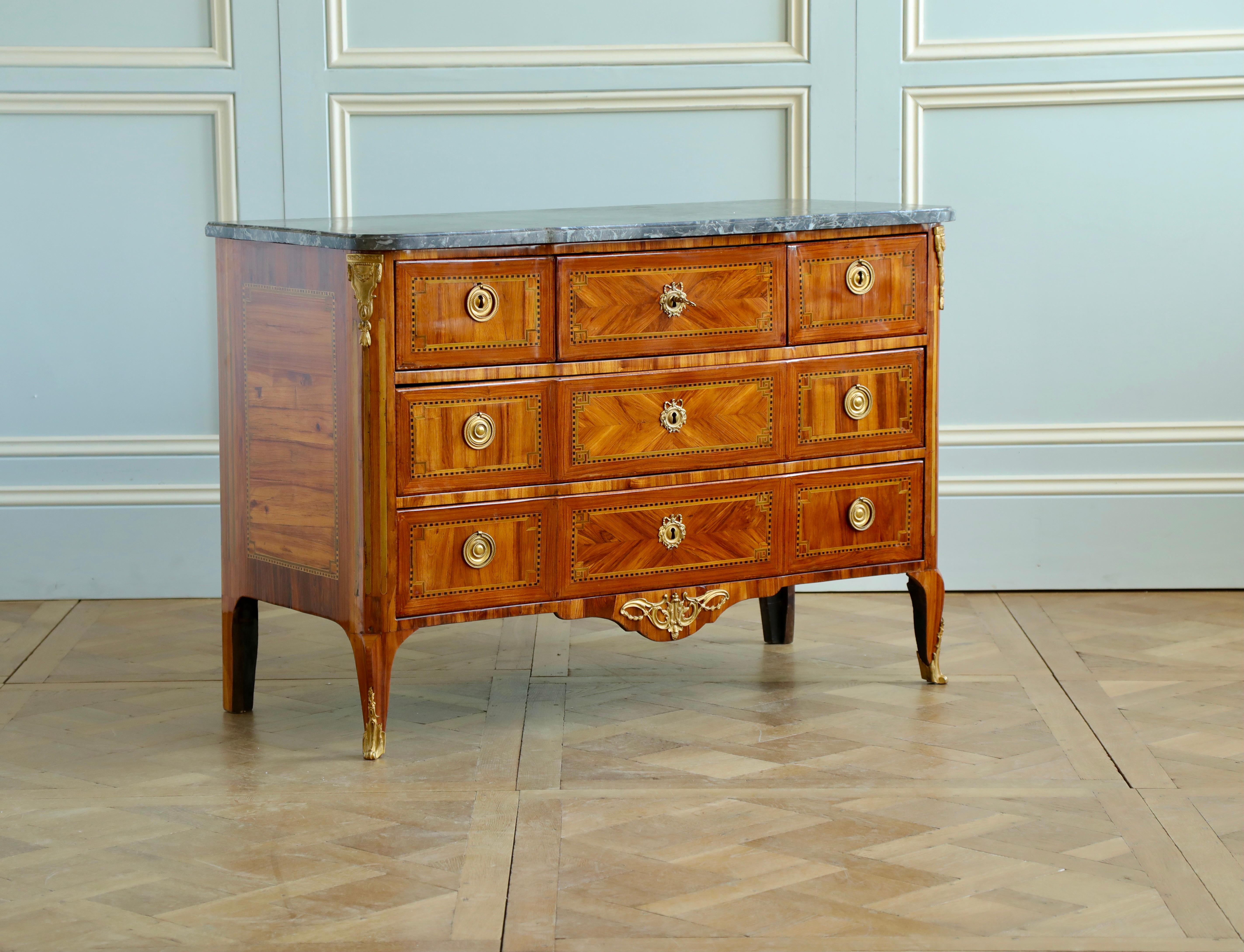 Other 18th Century Marquetry commode with Sainte-Anne Grey Marble, Stamped by L.Aubry For Sale