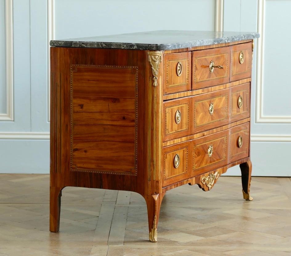 French 18th Century Marquetry commode with Sainte-Anne Grey Marble, Stamped by L.Aubry For Sale