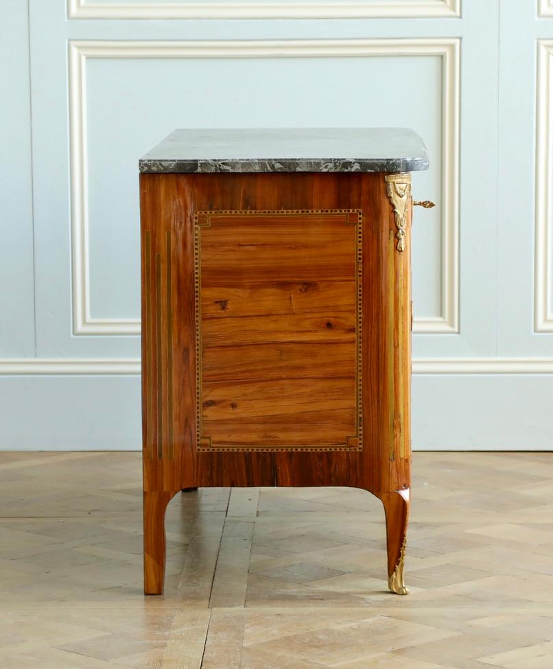 18th Century Marquetry commode with Sainte-Anne Grey Marble, Stamped by L.Aubry In Good Condition For Sale In London, Park Royal